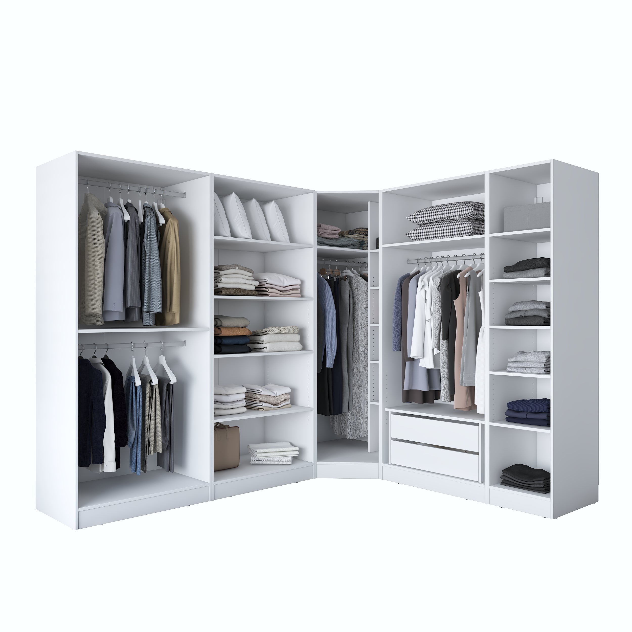 Rani BA206 Geniş Köşe Modül Membran Kapaklı Gardırop 2 Çekmeceli 18 Raflı 4 Askılı 8 Kapaklı Modüler Elbise Dolabı Beyaz