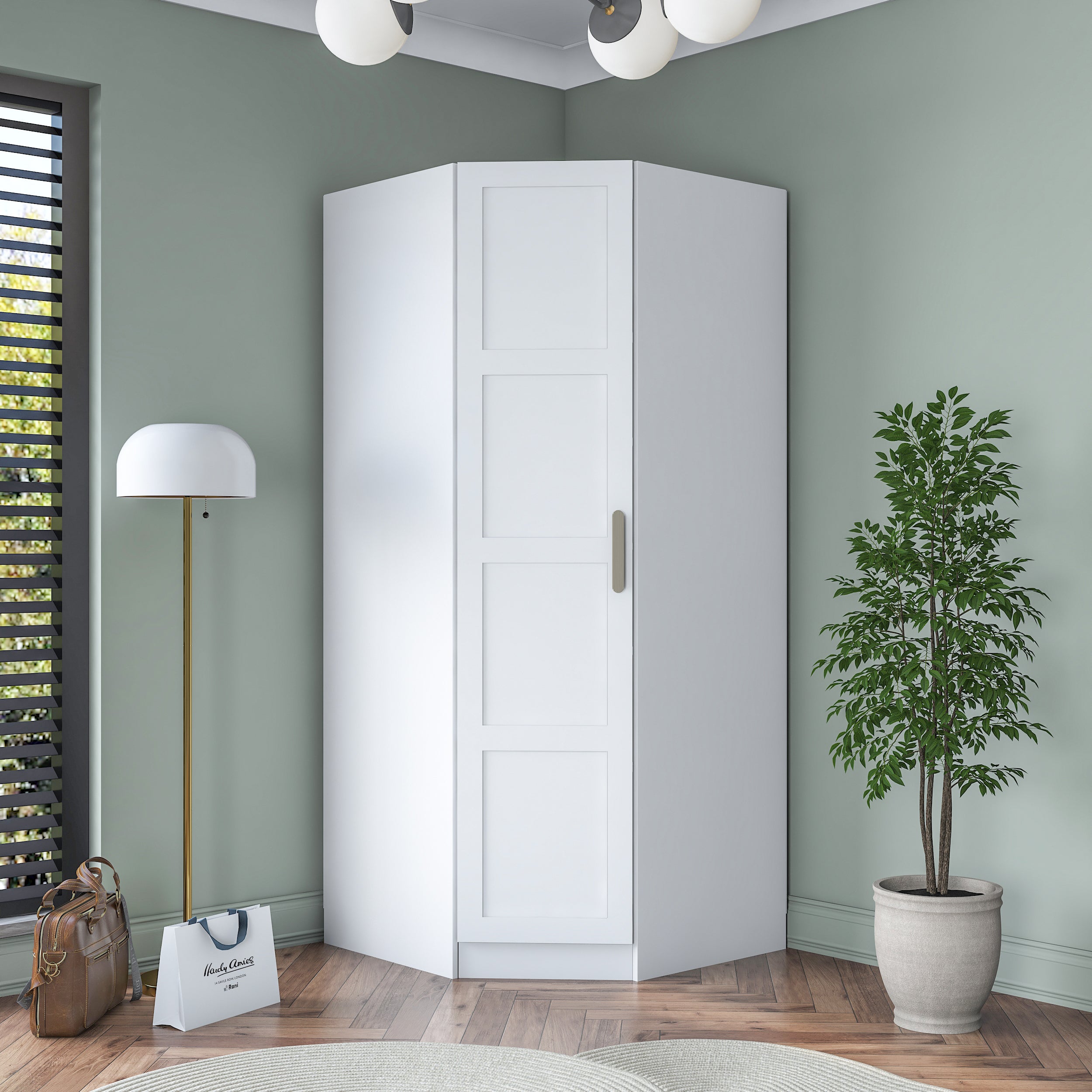 Rani BA191 Membran Kapaklı Köşe Modül Gardırop Tek Kapaklı 6 Raflı Askılı Elbise Dolabı Tamamlayıcı Köşe Ünitesi Beyaz