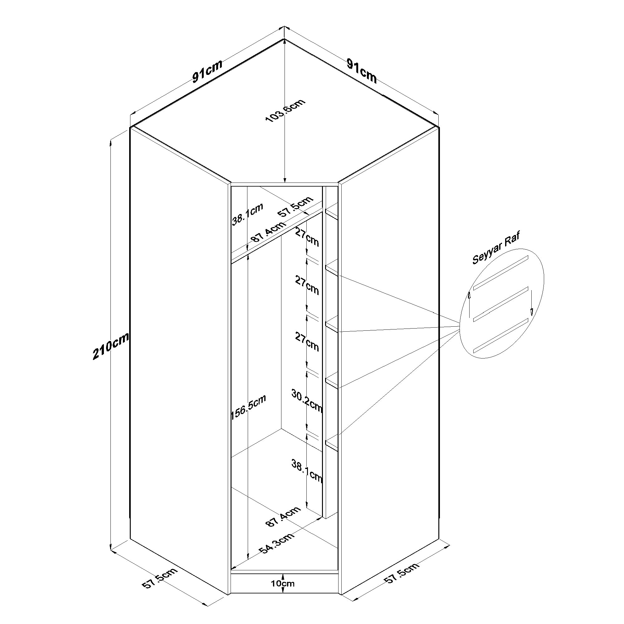 Rani BA191 Membran Kapaklı Köşe Modül Gardırop Tek Kapaklı 6 Raflı Askılı Elbise Dolabı Tamamlayıcı Köşe Ünitesi Beyaz