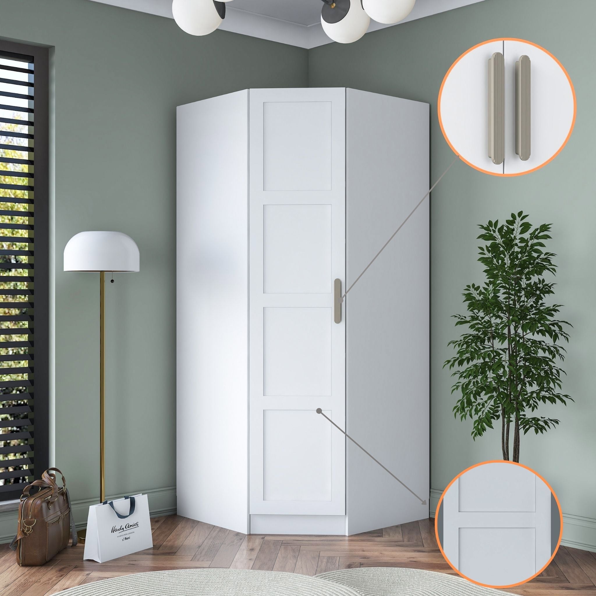 Rani BA191 Membran Kapaklı Köşe Modül Gardırop Tek Kapaklı 6 Raflı Askılı Elbise Dolabı Tamamlayıcı Köşe Ünitesi Beyaz