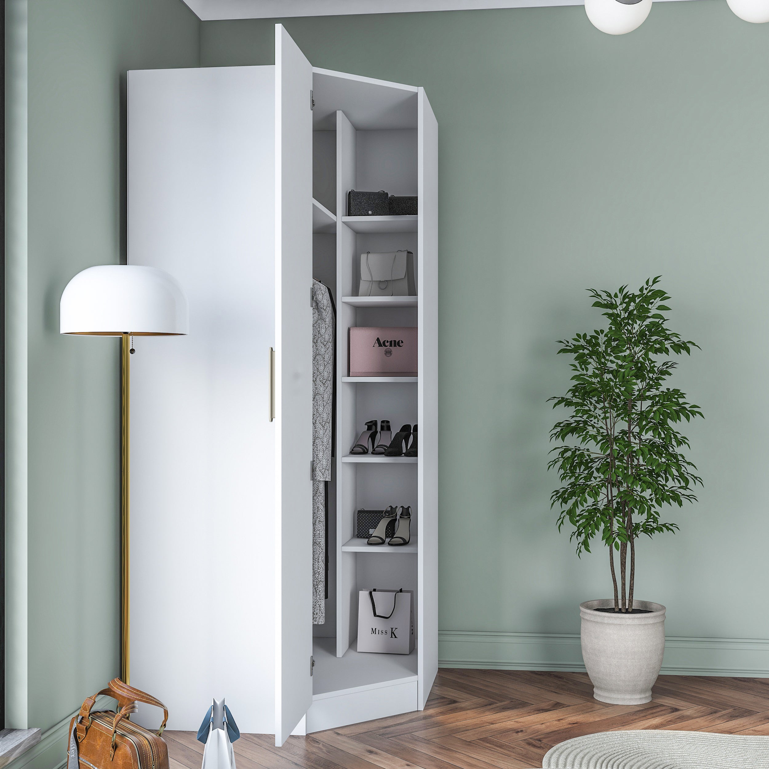 Rani BA191 Membran Kapaklı Köşe Modül Gardırop Tek Kapaklı 6 Raflı Askılı Elbise Dolabı Tamamlayıcı Köşe Ünitesi Beyaz