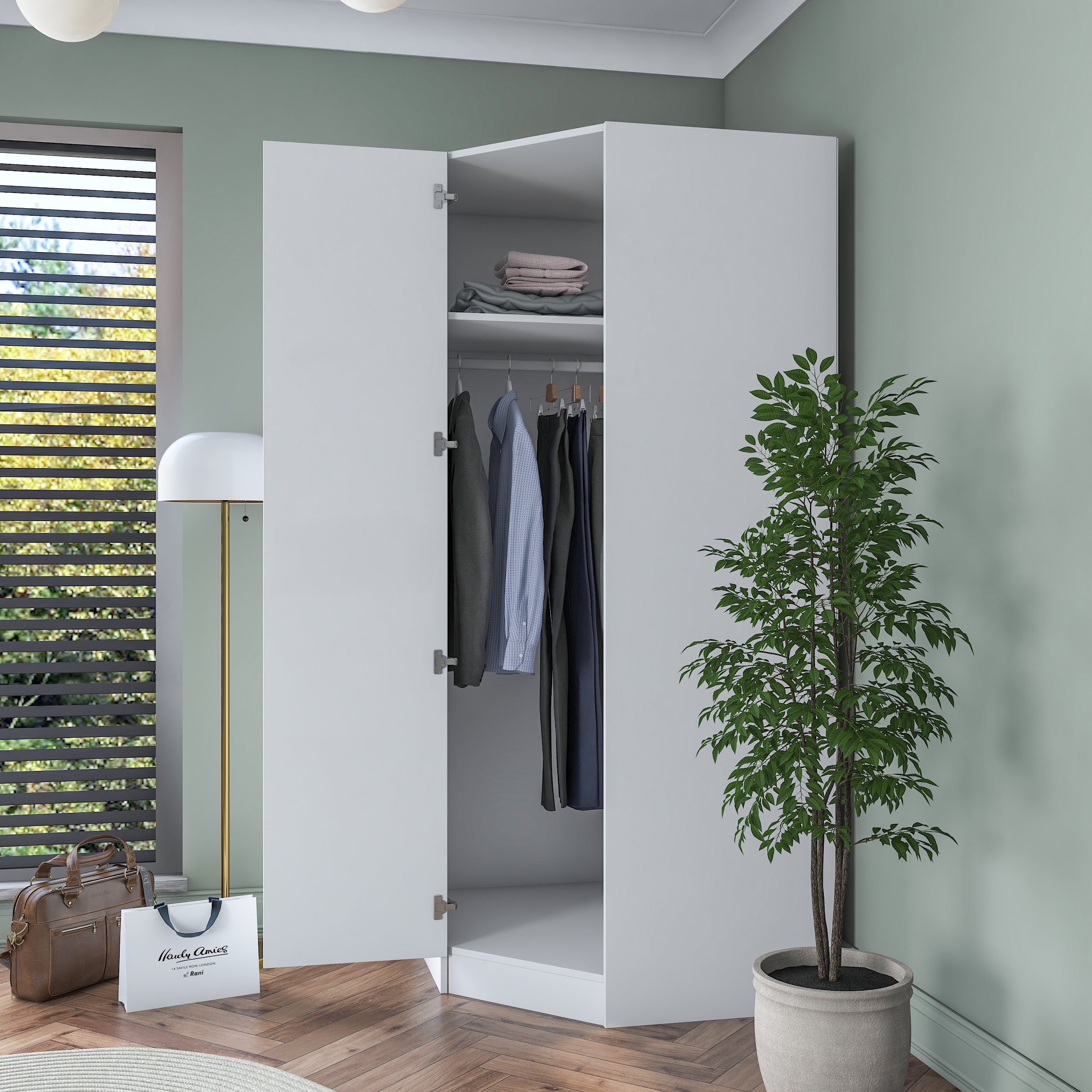 Rani BA191 Membran Kapaklı Köşe Modül Gardırop Tek Kapaklı 6 Raflı Askılı Elbise Dolabı Tamamlayıcı Köşe Ünitesi Beyaz
