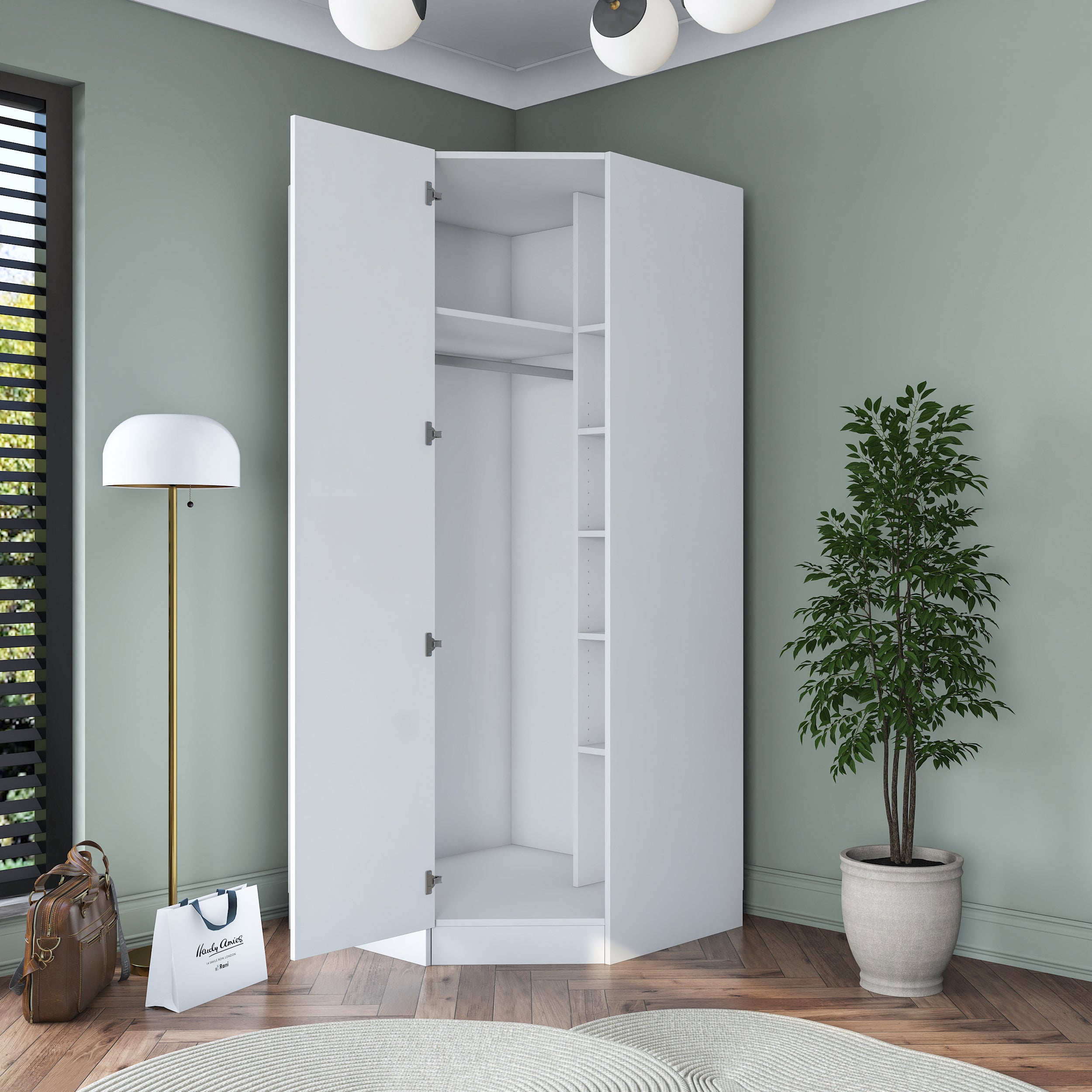 Rani BA191 Membran Kapaklı Köşe Modül Gardırop Tek Kapaklı 6 Raflı Askılı Elbise Dolabı Tamamlayıcı Köşe Ünitesi Beyaz