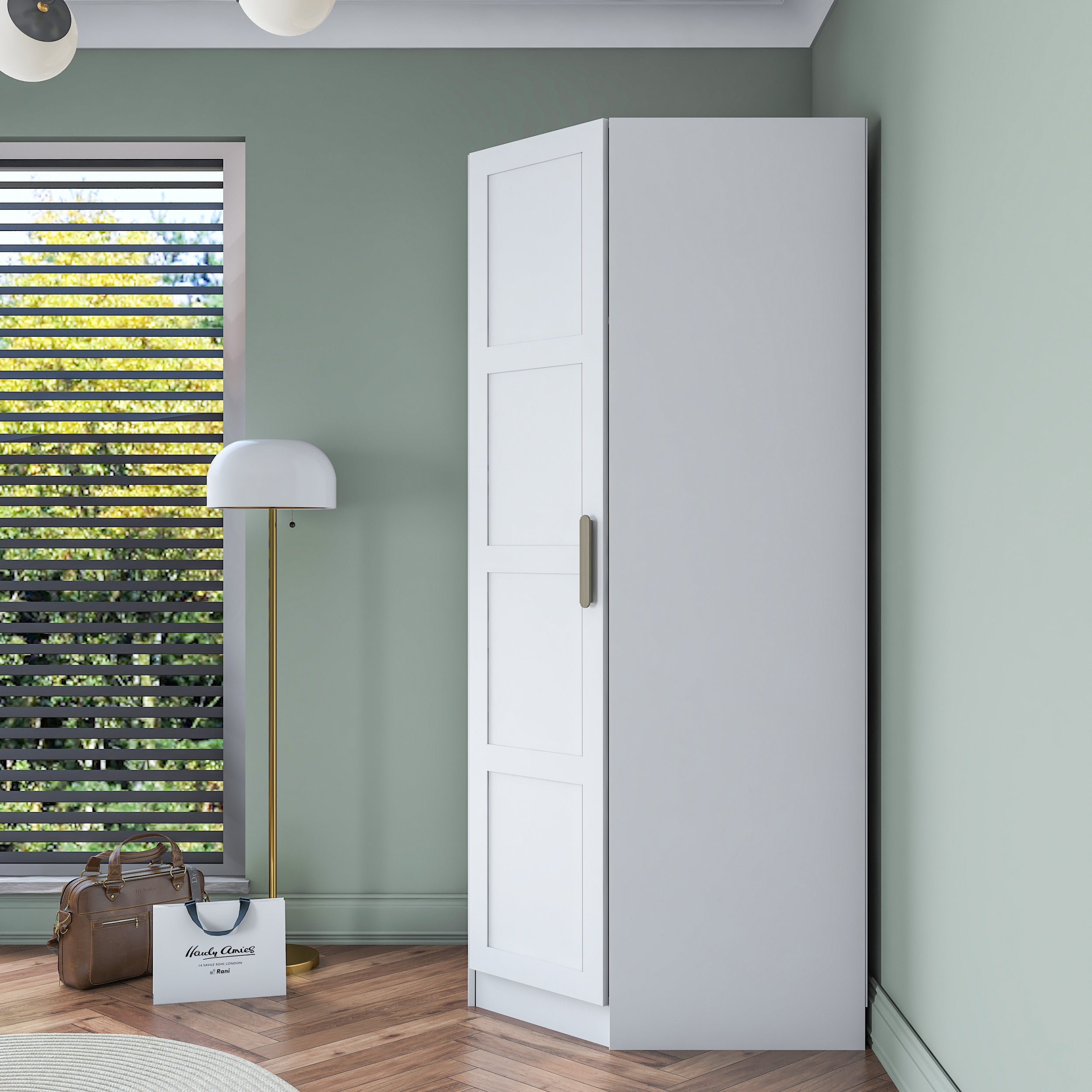 Rani BA191 Membran Kapaklı Köşe Modül Gardırop Tek Kapaklı 6 Raflı Askılı Elbise Dolabı Tamamlayıcı Köşe Ünitesi Beyaz