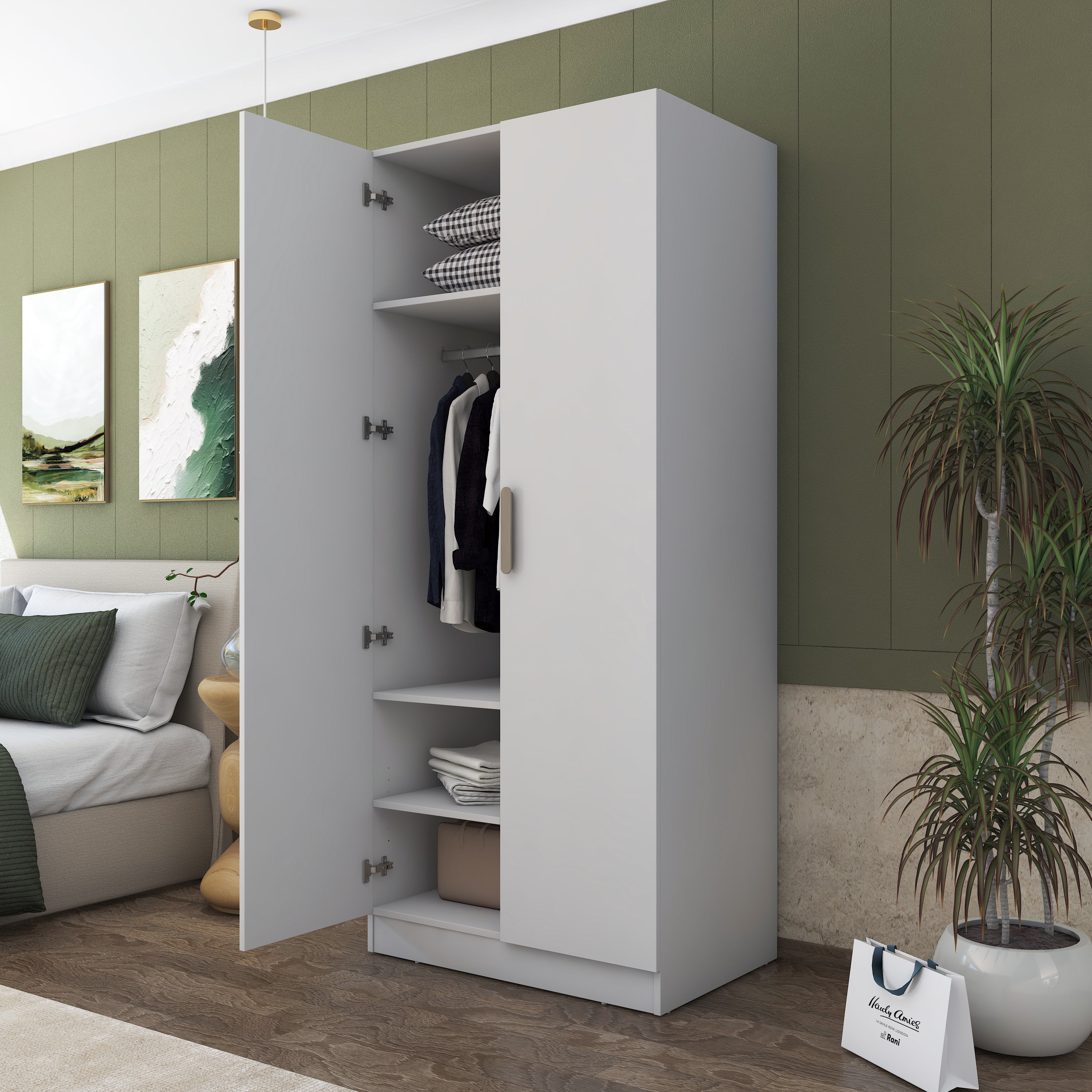 Rani BA169 Gardırop 2 Kapaklı 2 Raflı Elbise Dolabı Beyaz