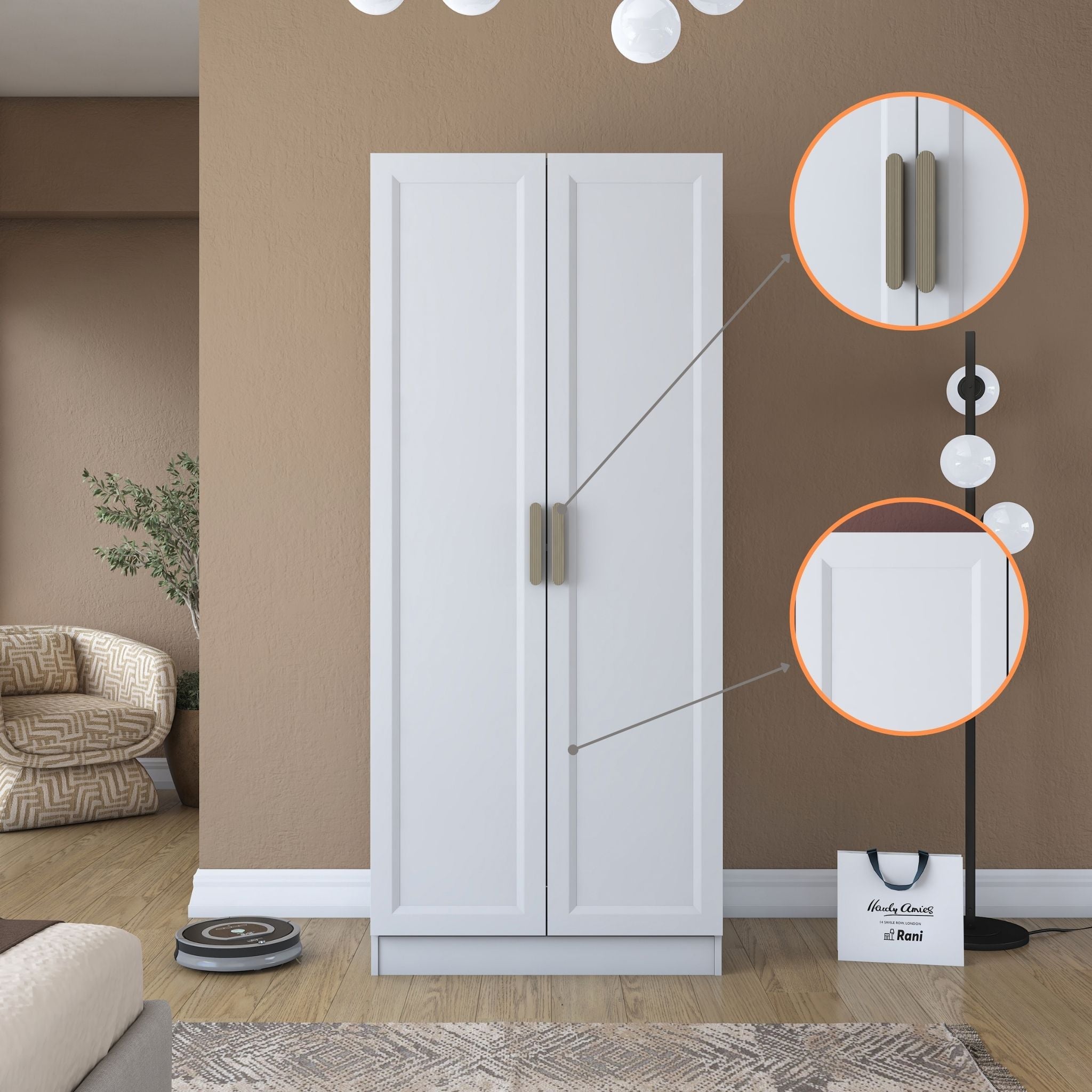 Rani BA201 Membran Kapaklı Gardırop Raflı 2 Askılı 2 Kapaklı Elbise Dolabı Beyaz