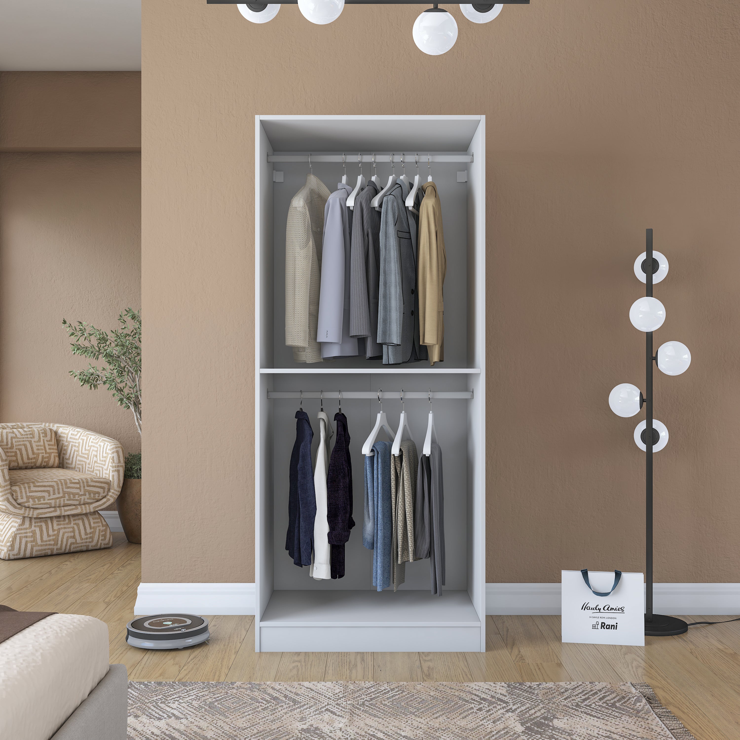 Rani BA201 Membran Kapaklı Gardırop Raflı 2 Askılı 2 Kapaklı Elbise Dolabı Beyaz