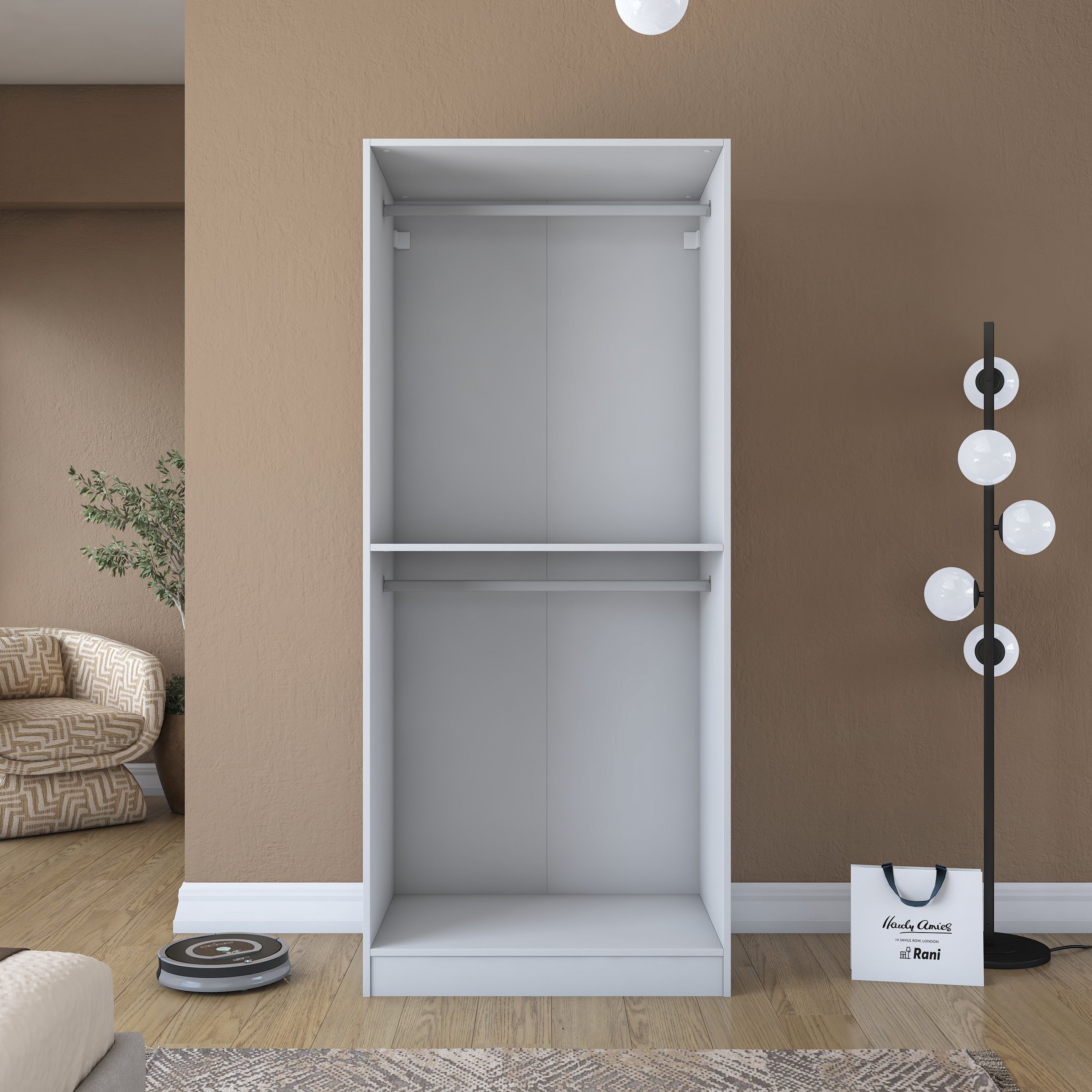 Rani BA201 Membran Kapaklı Gardırop Raflı 2 Askılı 2 Kapaklı Elbise Dolabı Beyaz