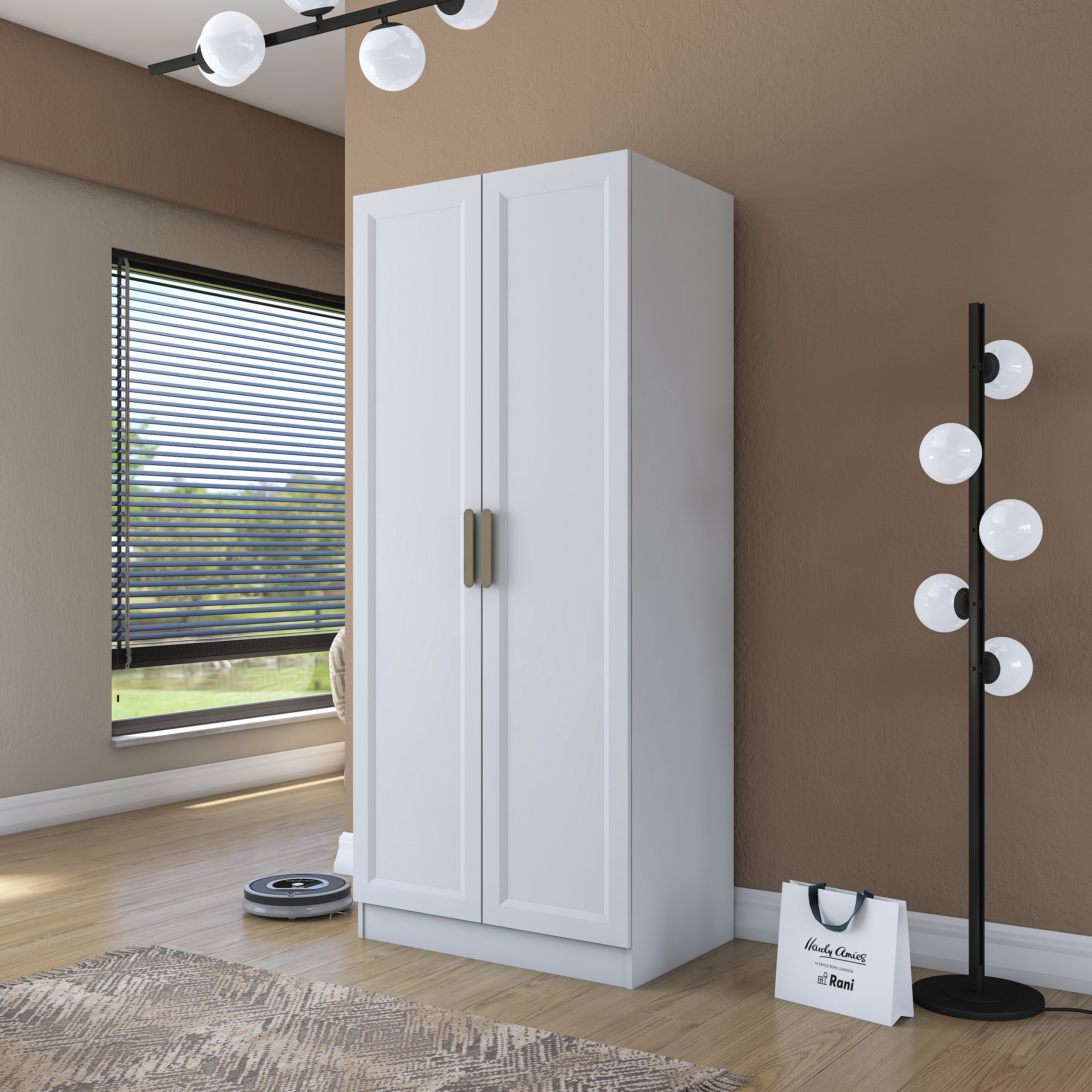 Rani BA201 Membran Kapaklı Gardırop Raflı 2 Askılı 2 Kapaklı Elbise Dolabı Beyaz
