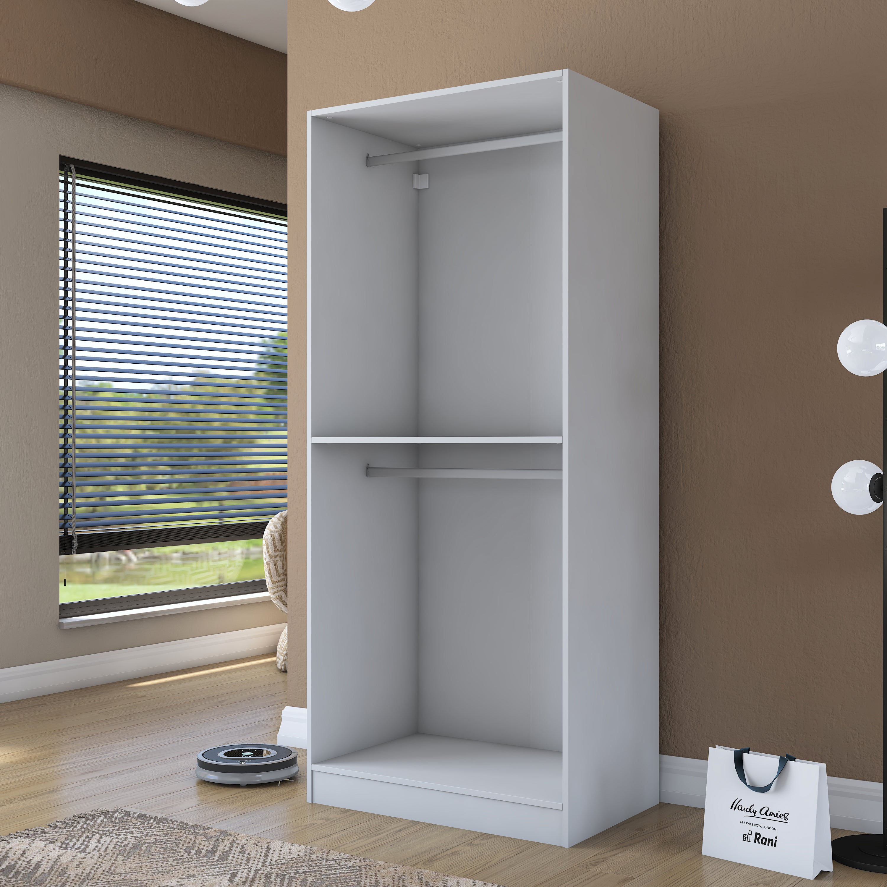 Rani BA201 Membran Kapaklı Gardırop Raflı 2 Askılı 2 Kapaklı Elbise Dolabı Beyaz