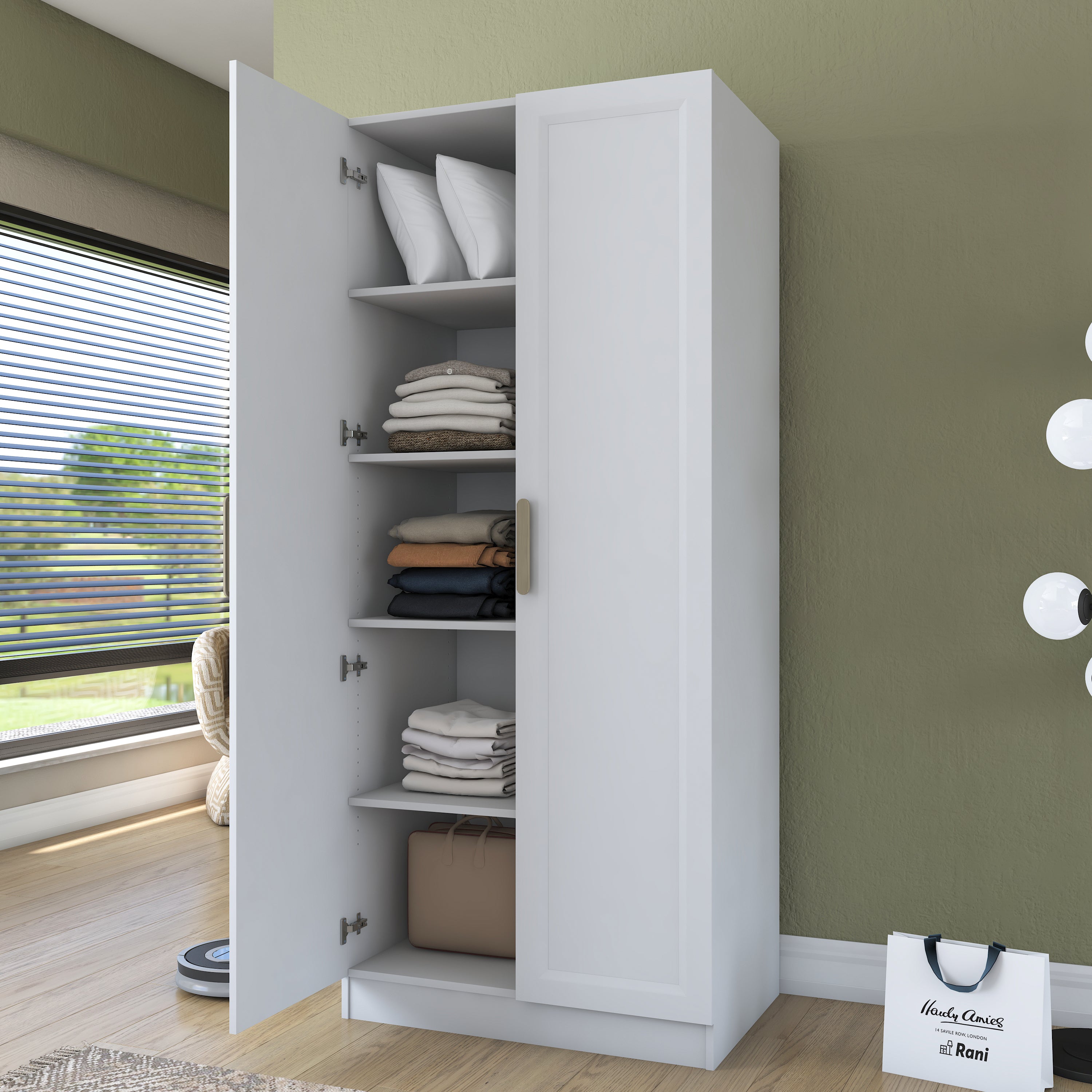 Rani BA202 Membran Kapaklı Gardırop 4 Raflı 2 Kapaklı Elbise Dolabı Beyaz