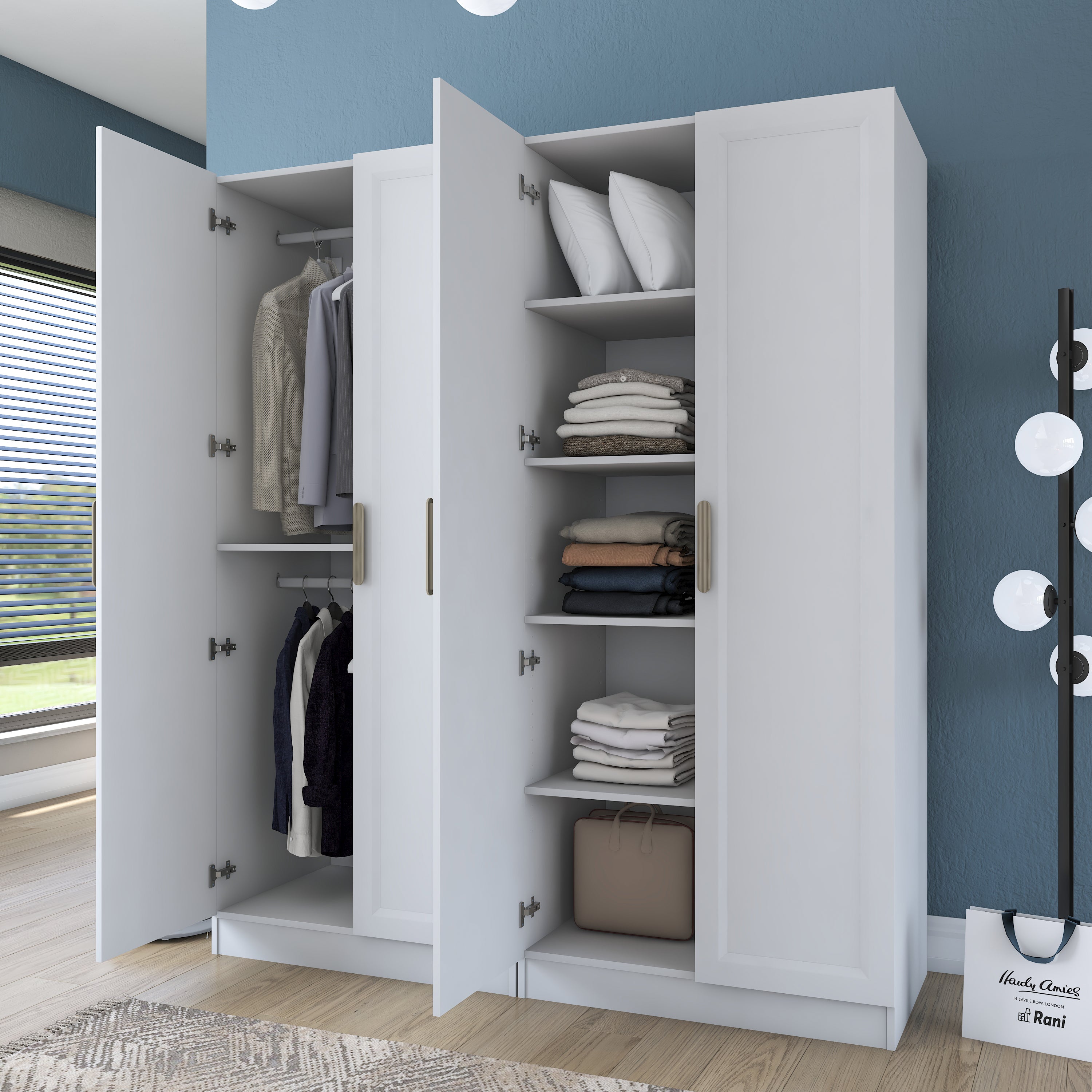 Rani BA208 Membran Kapaklı Gardırop 5 Raflı 2 Askılı 4 Kapaklı Elbise Dolabı Beyaz