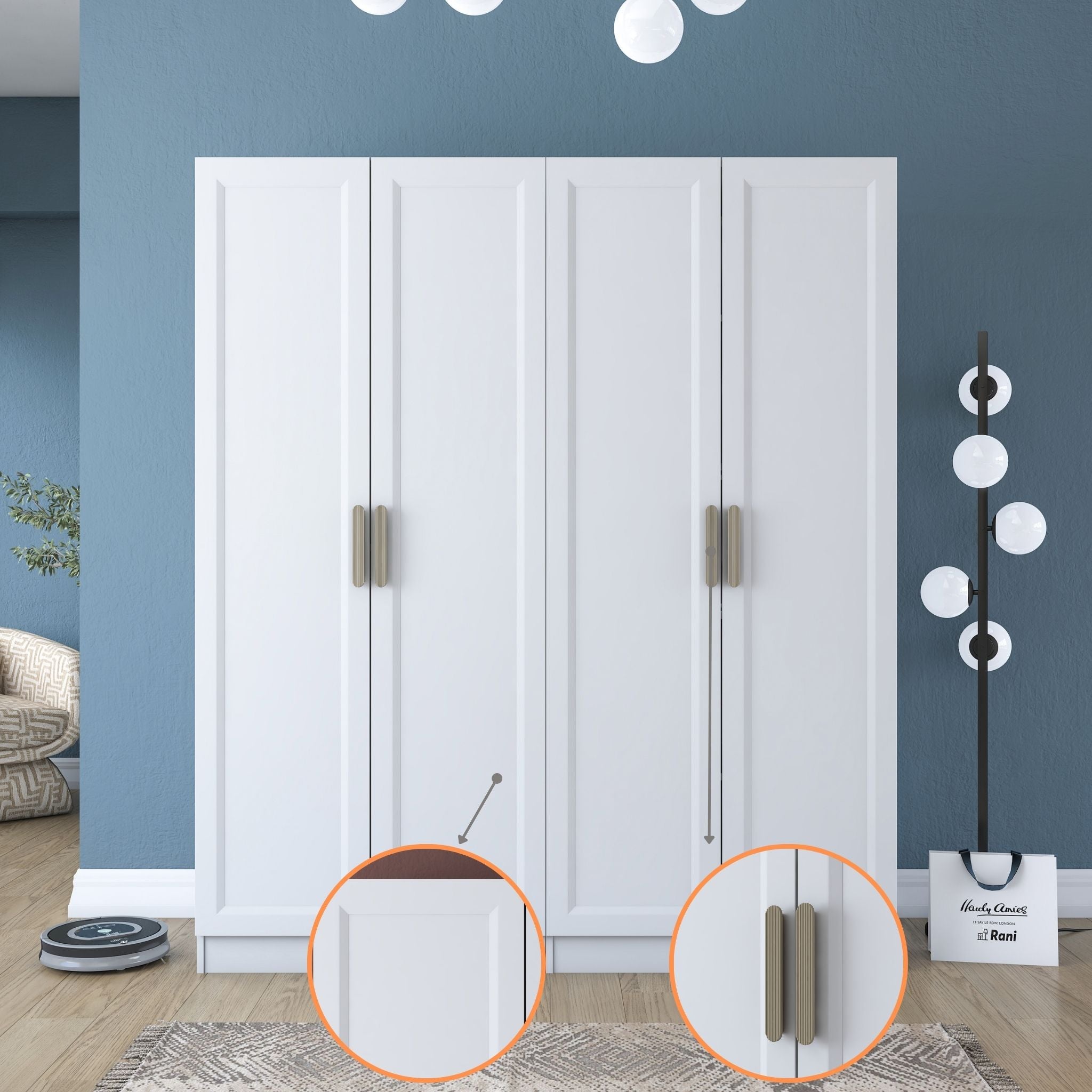 Rani BA208 Membran Kapaklı Gardırop 5 Raflı 2 Askılı 4 Kapaklı Elbise Dolabı Beyaz