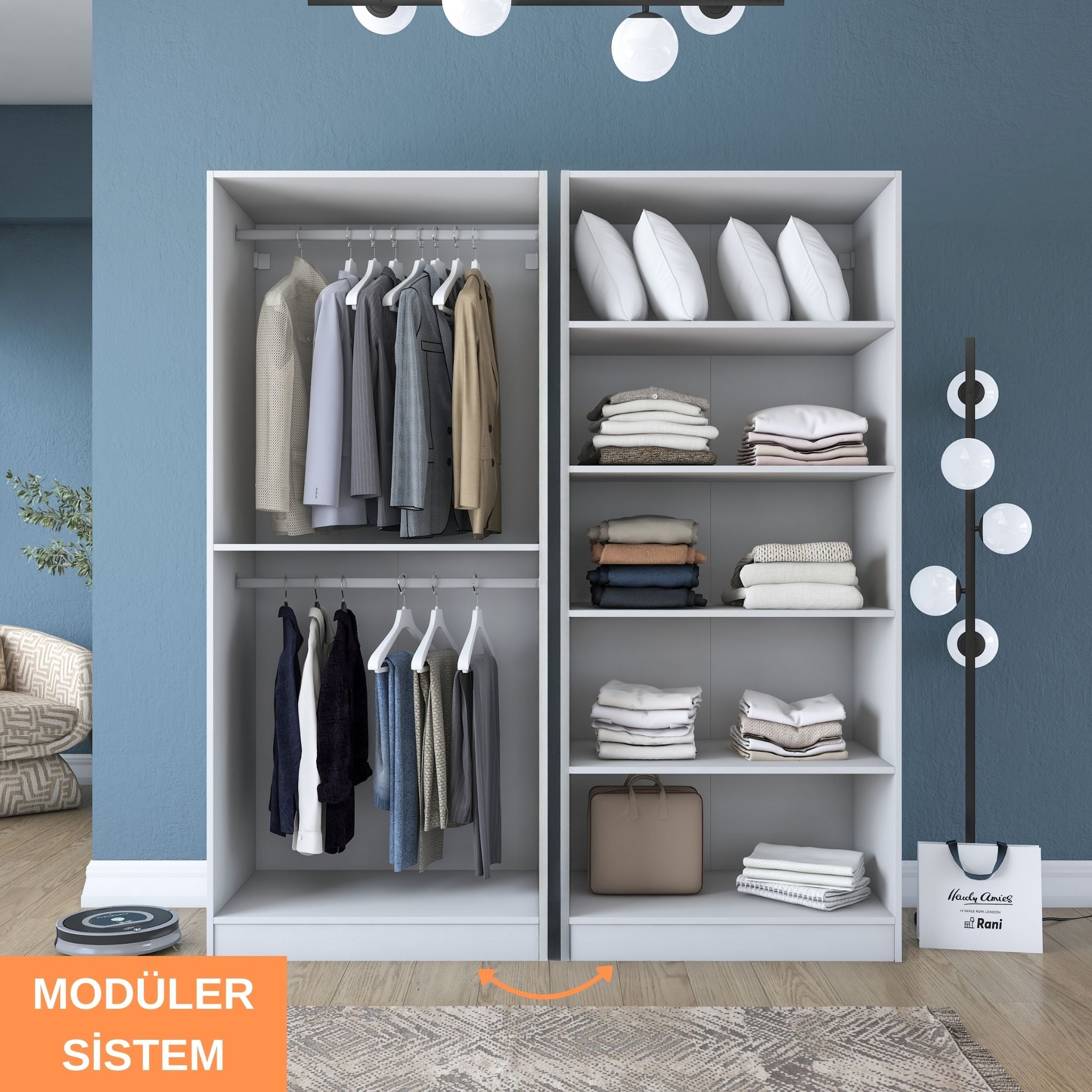 Rani BA208 Membran Kapaklı Gardırop 5 Raflı 2 Askılı 4 Kapaklı Elbise Dolabı Beyaz