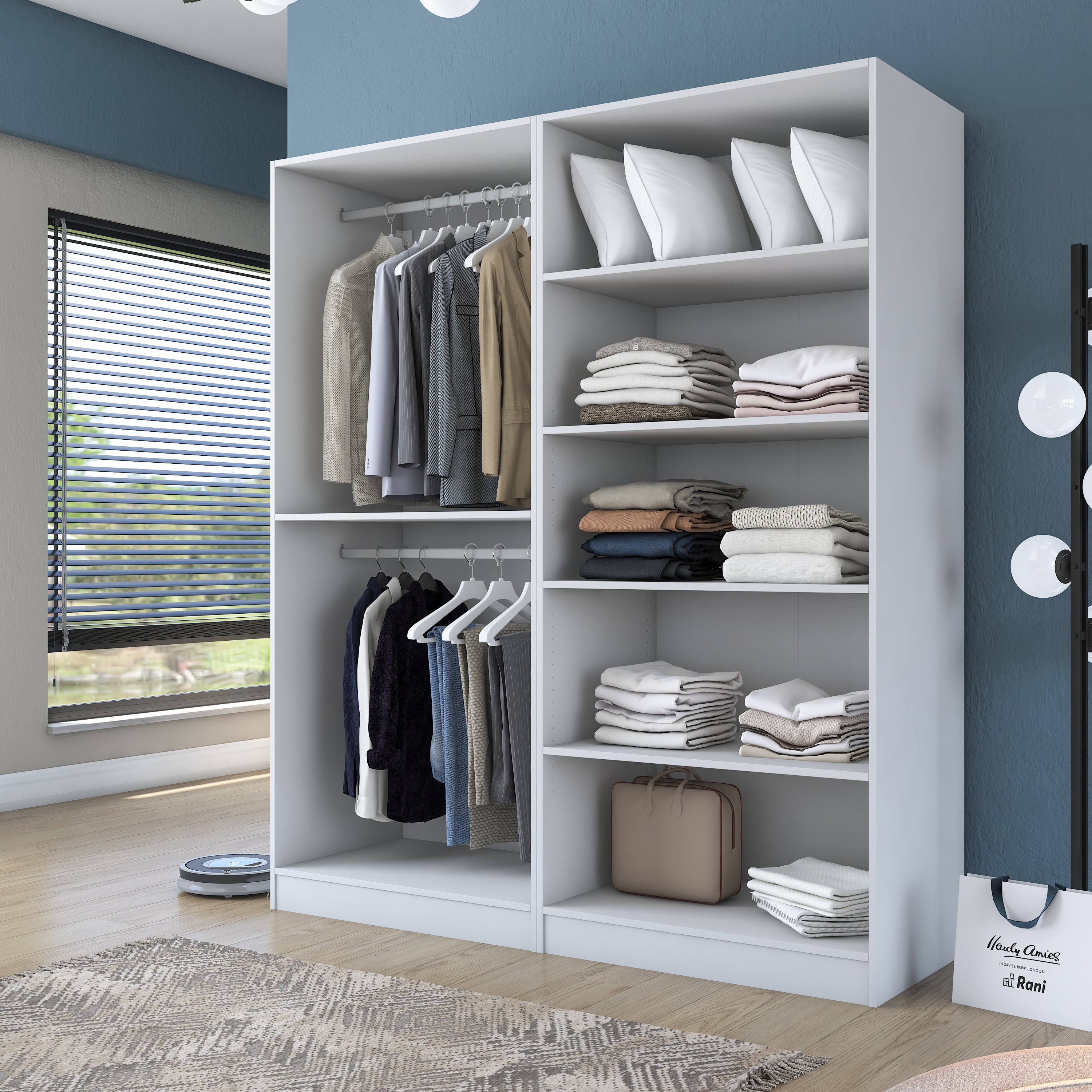 Rani BA208 Membran Kapaklı Gardırop 5 Raflı 2 Askılı 4 Kapaklı Elbise Dolabı Beyaz