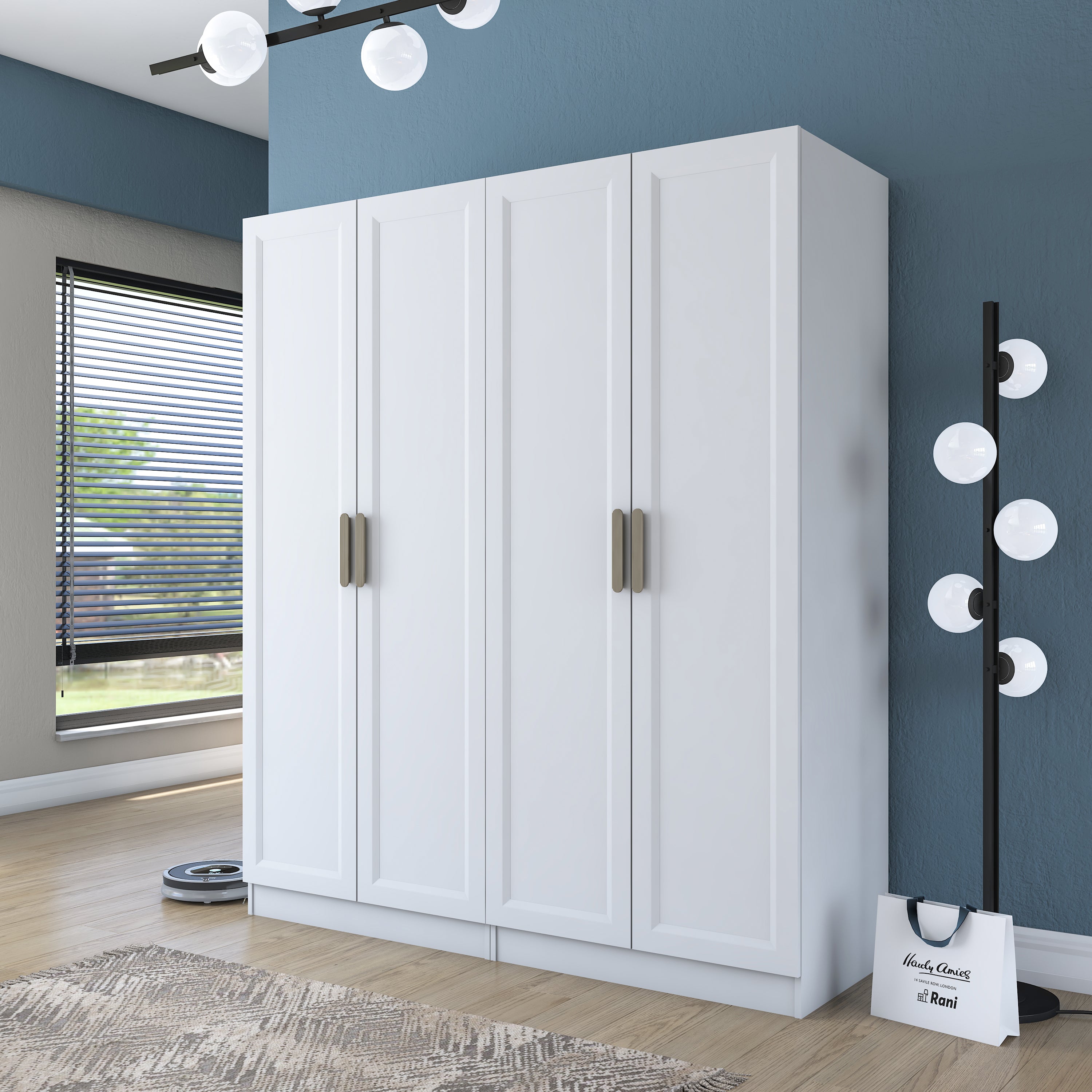 Rani BA208 Membran Kapaklı Gardırop 5 Raflı 2 Askılı 4 Kapaklı Elbise Dolabı Beyaz