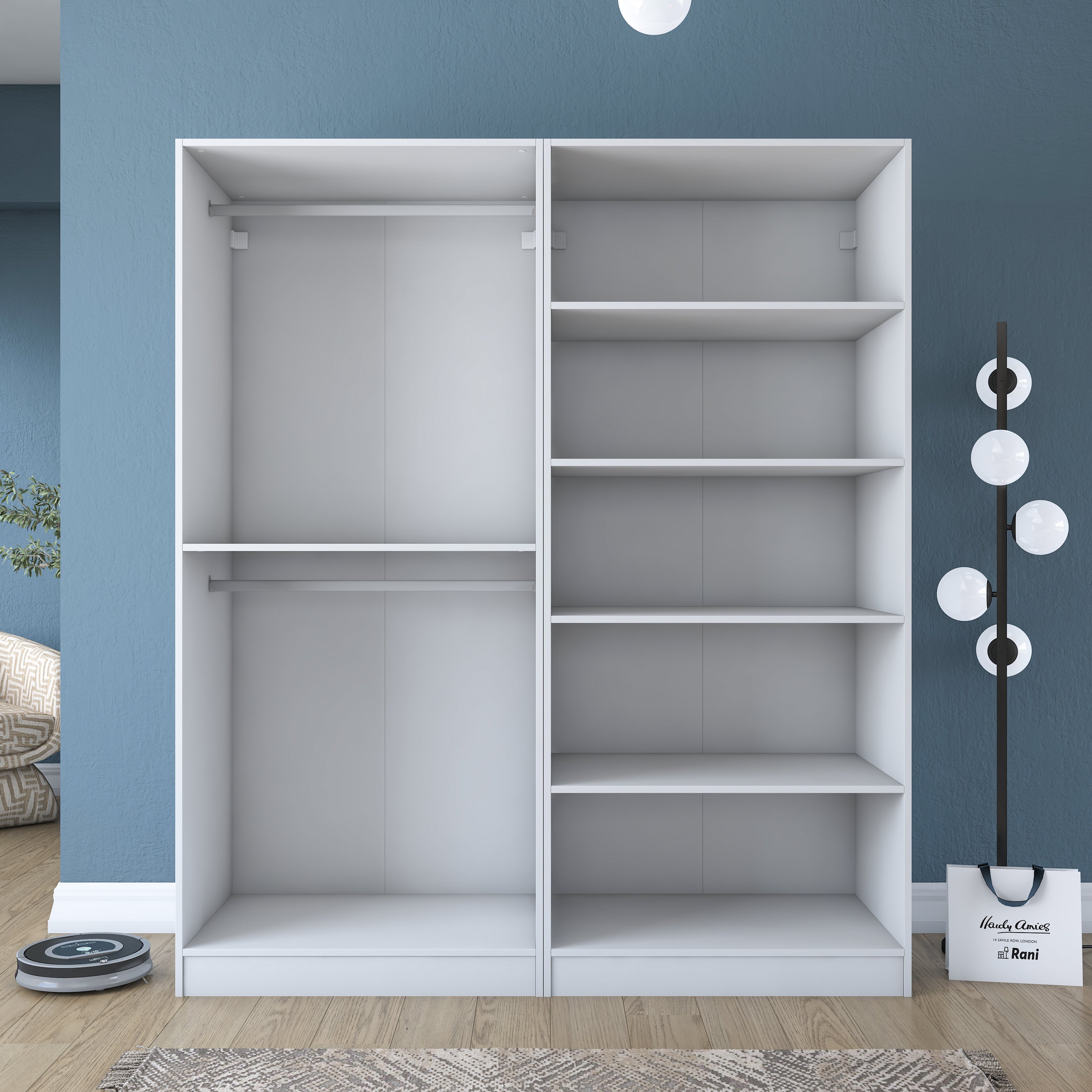 Rani BA208 Membran Kapaklı Gardırop 5 Raflı 2 Askılı 4 Kapaklı Elbise Dolabı Beyaz