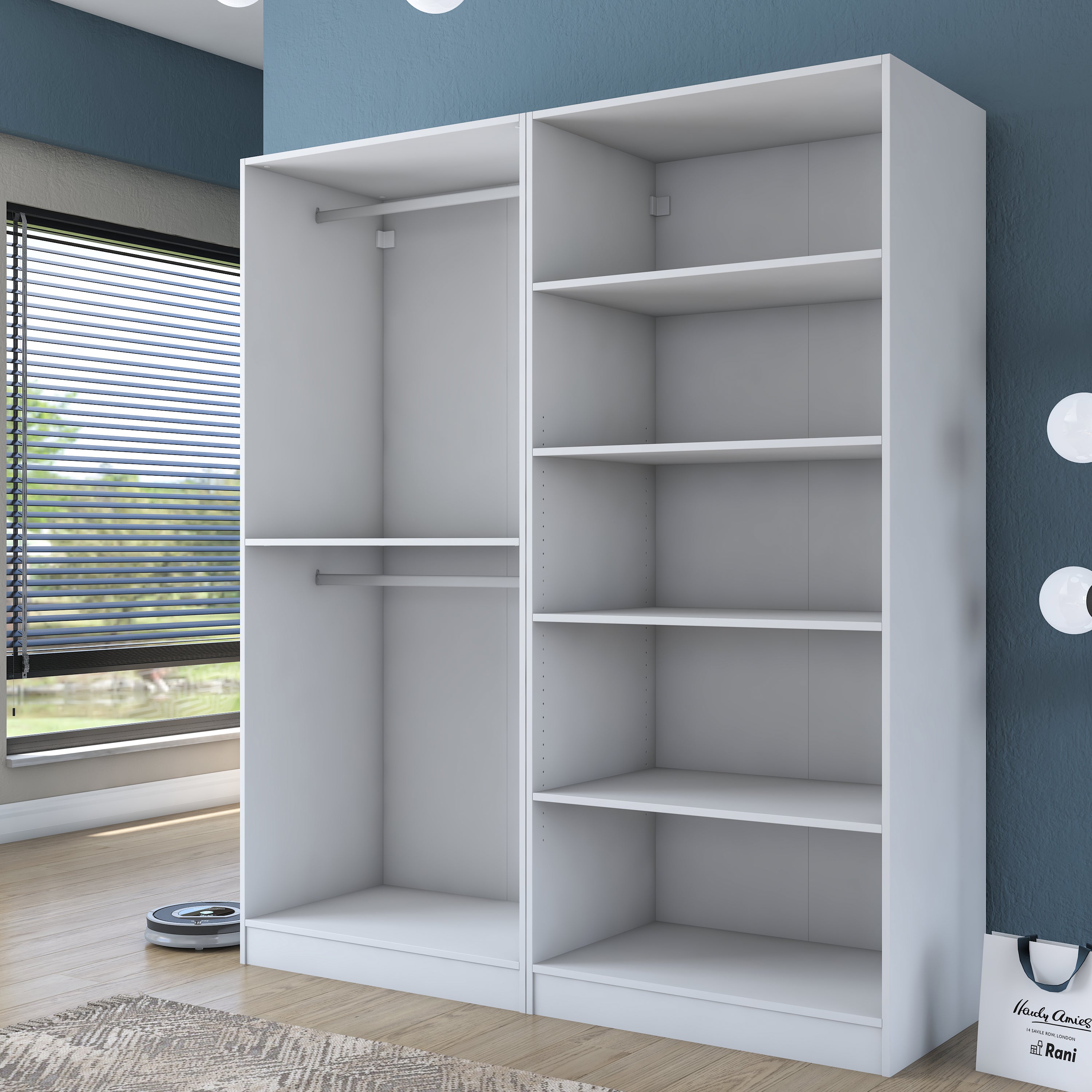 Rani BA208 Membran Kapaklı Gardırop 5 Raflı 2 Askılı 4 Kapaklı Elbise Dolabı Beyaz