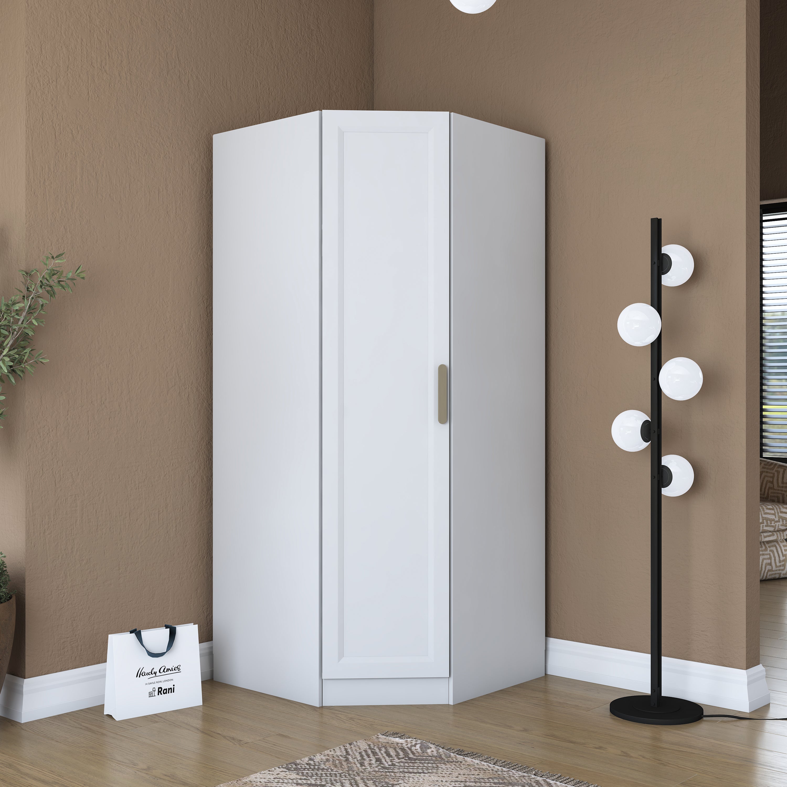 Rani BA205 Köşe Modül Gardırop Membran Kapaklı 6 Raflı Askılı Elbise Dolabı Tamamlayıcı Köşe Ünitesi Beyaz