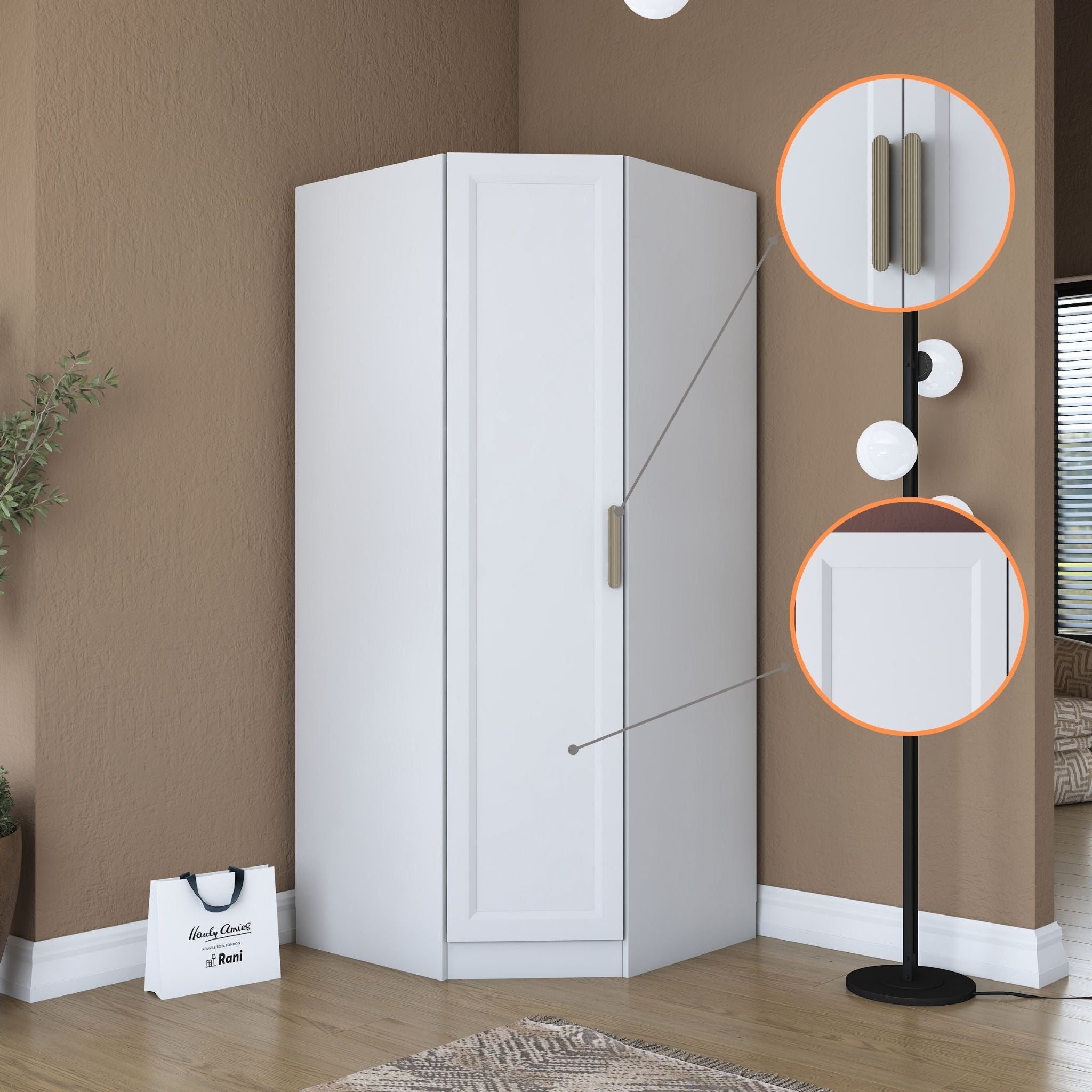 Rani BA205 Köşe Modül Gardırop Membran Kapaklı 6 Raflı Askılı Elbise Dolabı Tamamlayıcı Köşe Ünitesi Beyaz