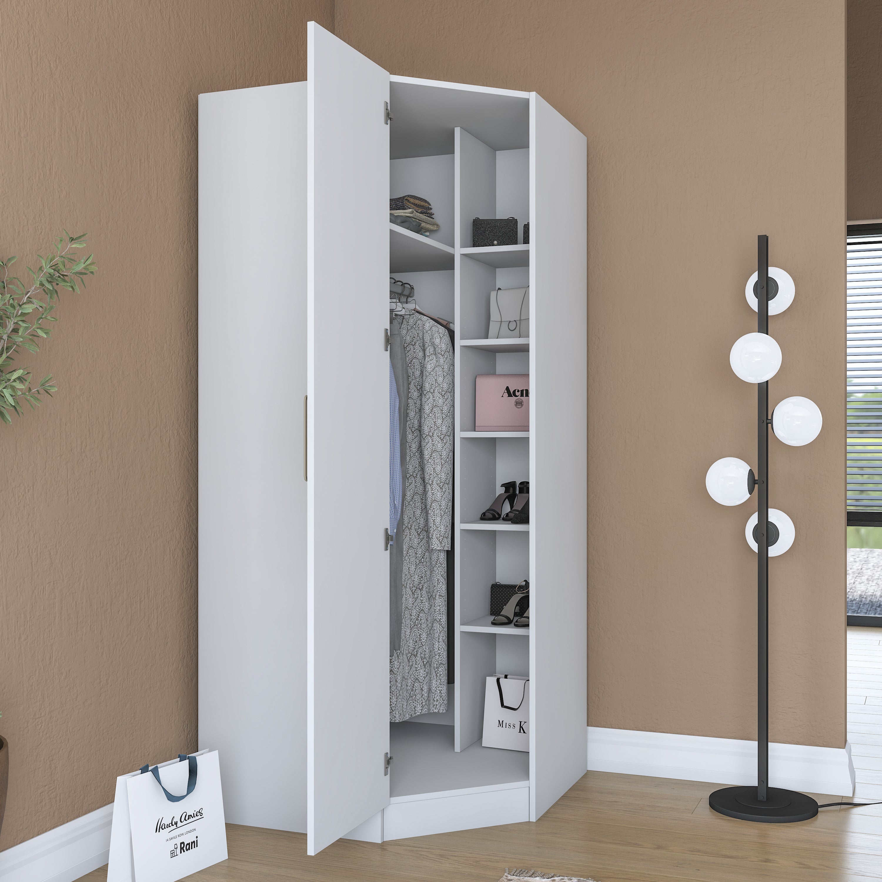 Rani BA205 Köşe Modül Gardırop Membran Kapaklı 6 Raflı Askılı Elbise Dolabı Tamamlayıcı Köşe Ünitesi Beyaz