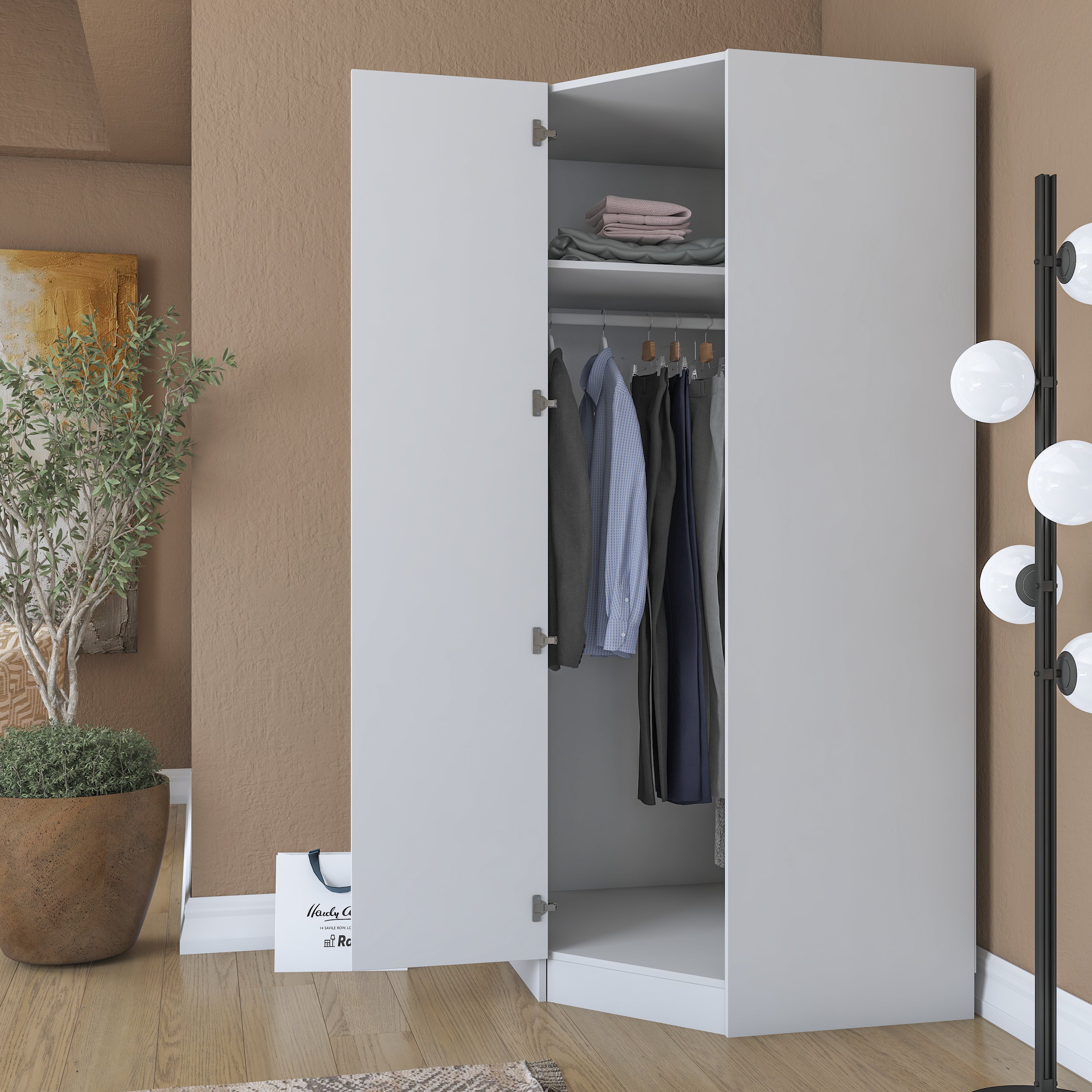 Rani BA205 Köşe Modül Gardırop Membran Kapaklı 6 Raflı Askılı Elbise Dolabı Tamamlayıcı Köşe Ünitesi Beyaz