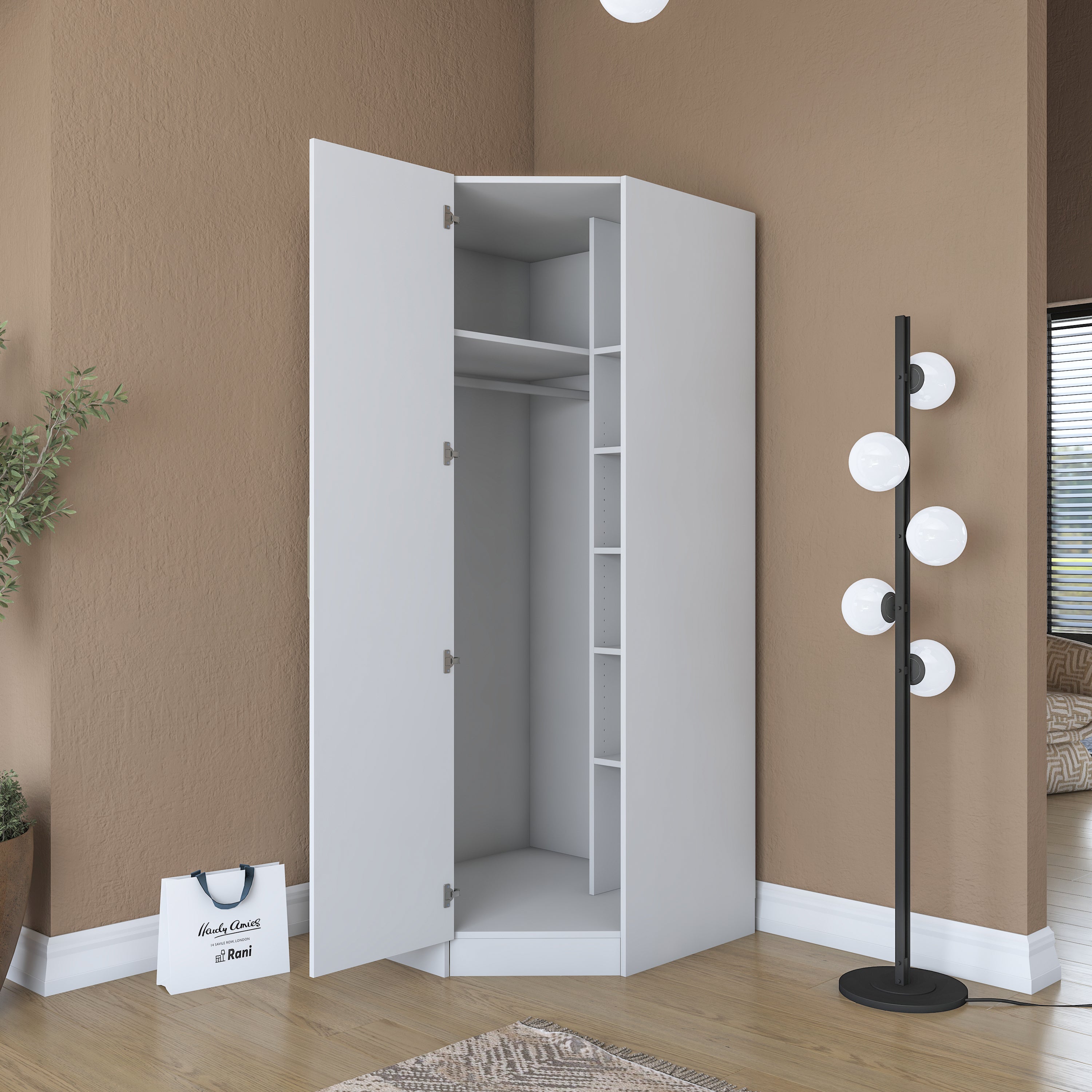 Rani BA205 Köşe Modül Gardırop Membran Kapaklı 6 Raflı Askılı Elbise Dolabı Tamamlayıcı Köşe Ünitesi Beyaz