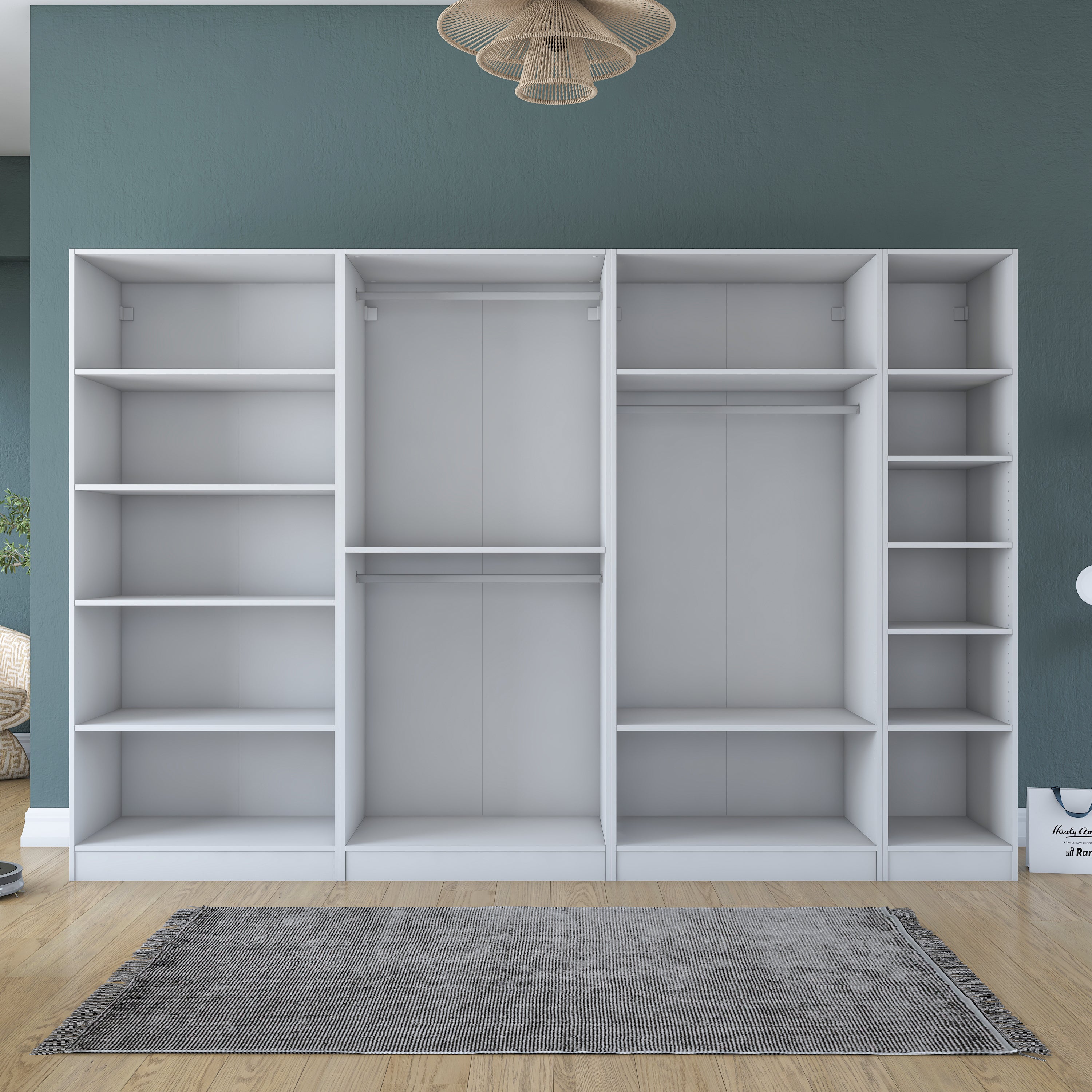 Rani BA207 Membran Kapaklı Modüler Gardırop 7 Kapaklı Raflı Askılı Elbise Dolabı Beyaz