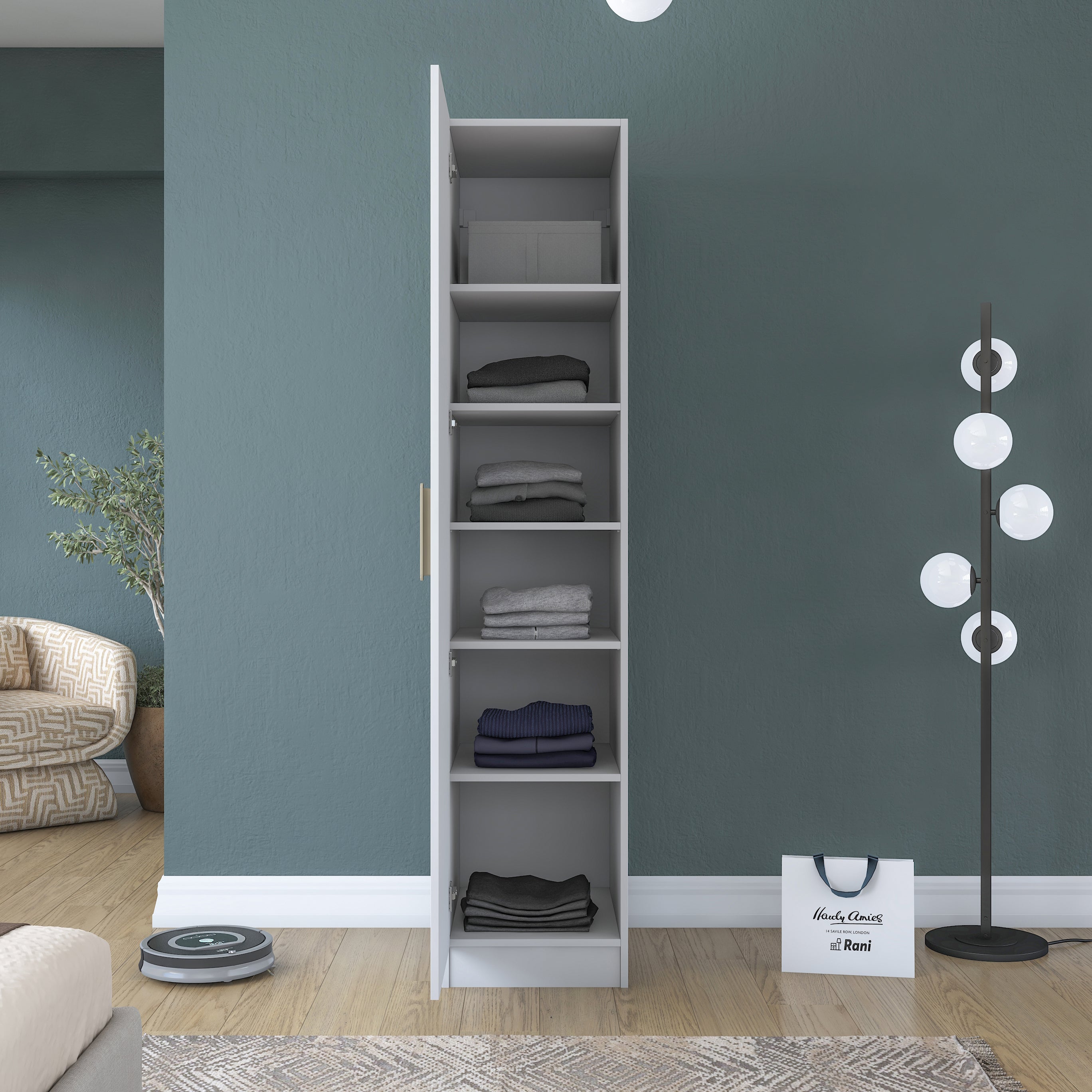 Rani BA204 Membran Kapaklı Gardırop 5 Raflı Tek Kapaklı Elbise Dolabı Beyaz