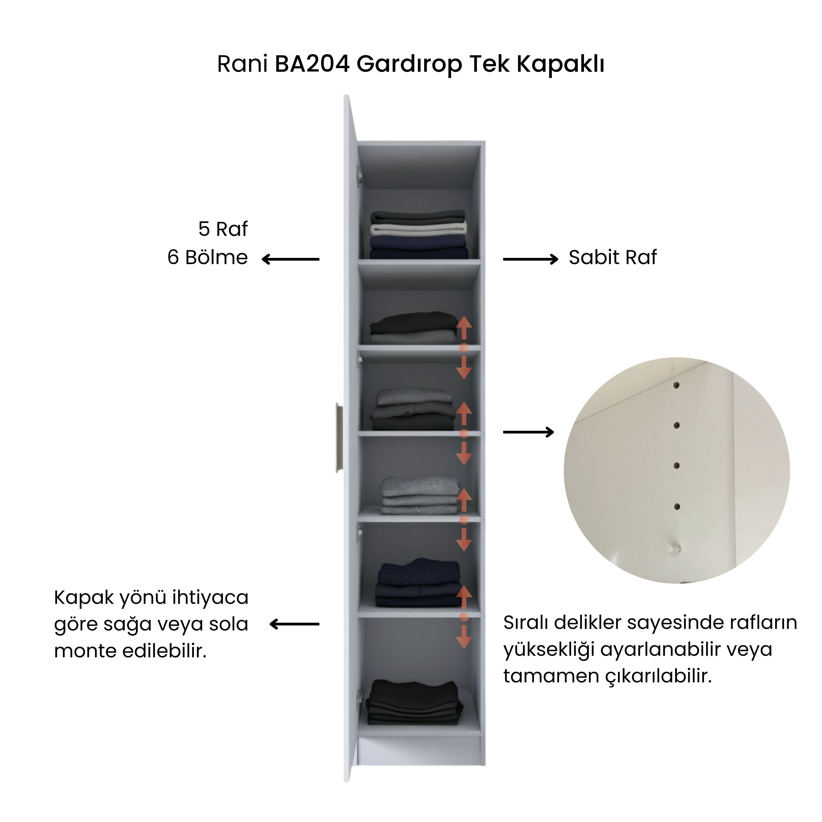 Rani BA204 Membran Kapaklı Gardırop 5 Raflı Tek Kapaklı Elbise Dolabı Beyaz