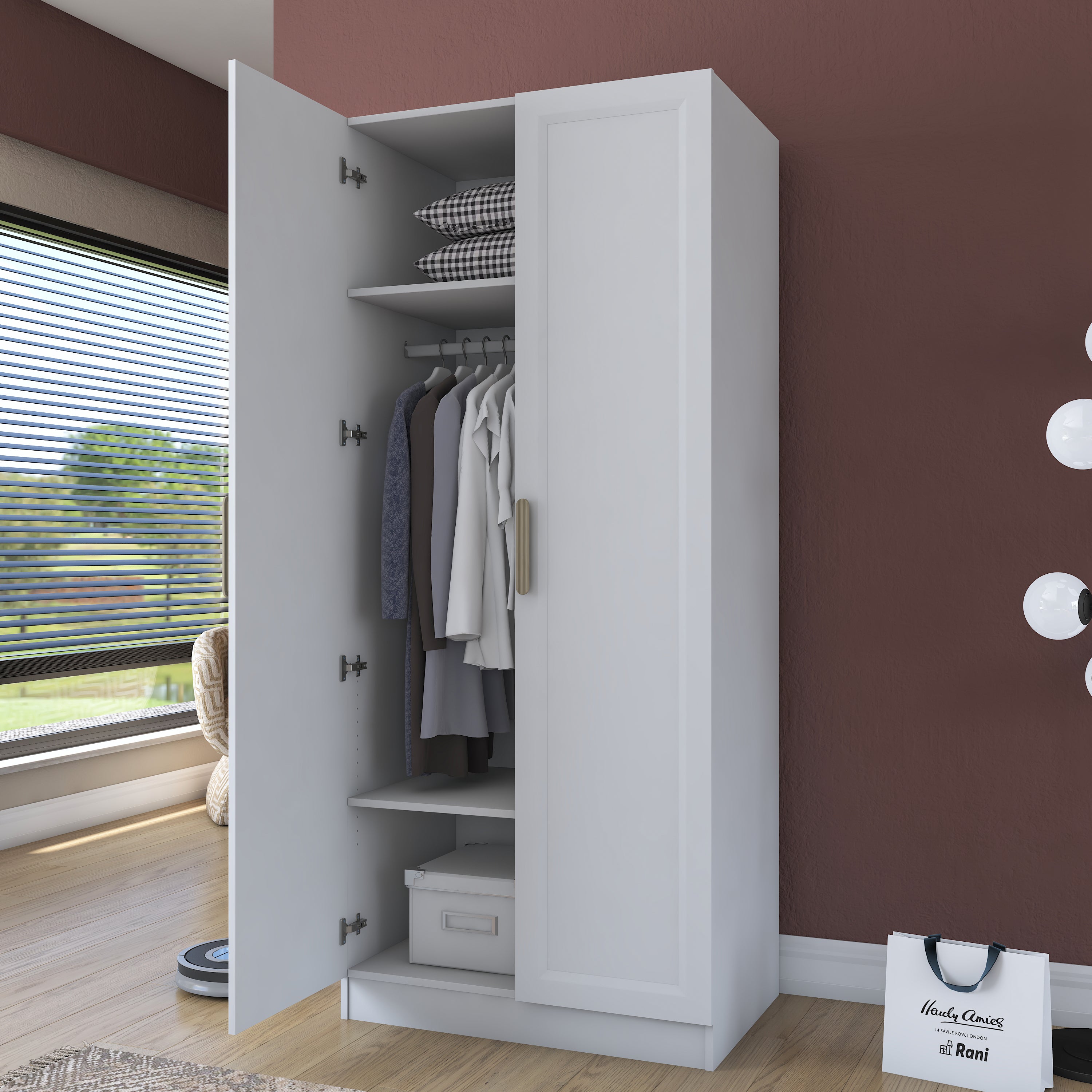 Rani BA203 Membran Kapaklı Gardırop 2 Raflı  Askılı 2 Kapaklı Elbise Dolabı Beyaz