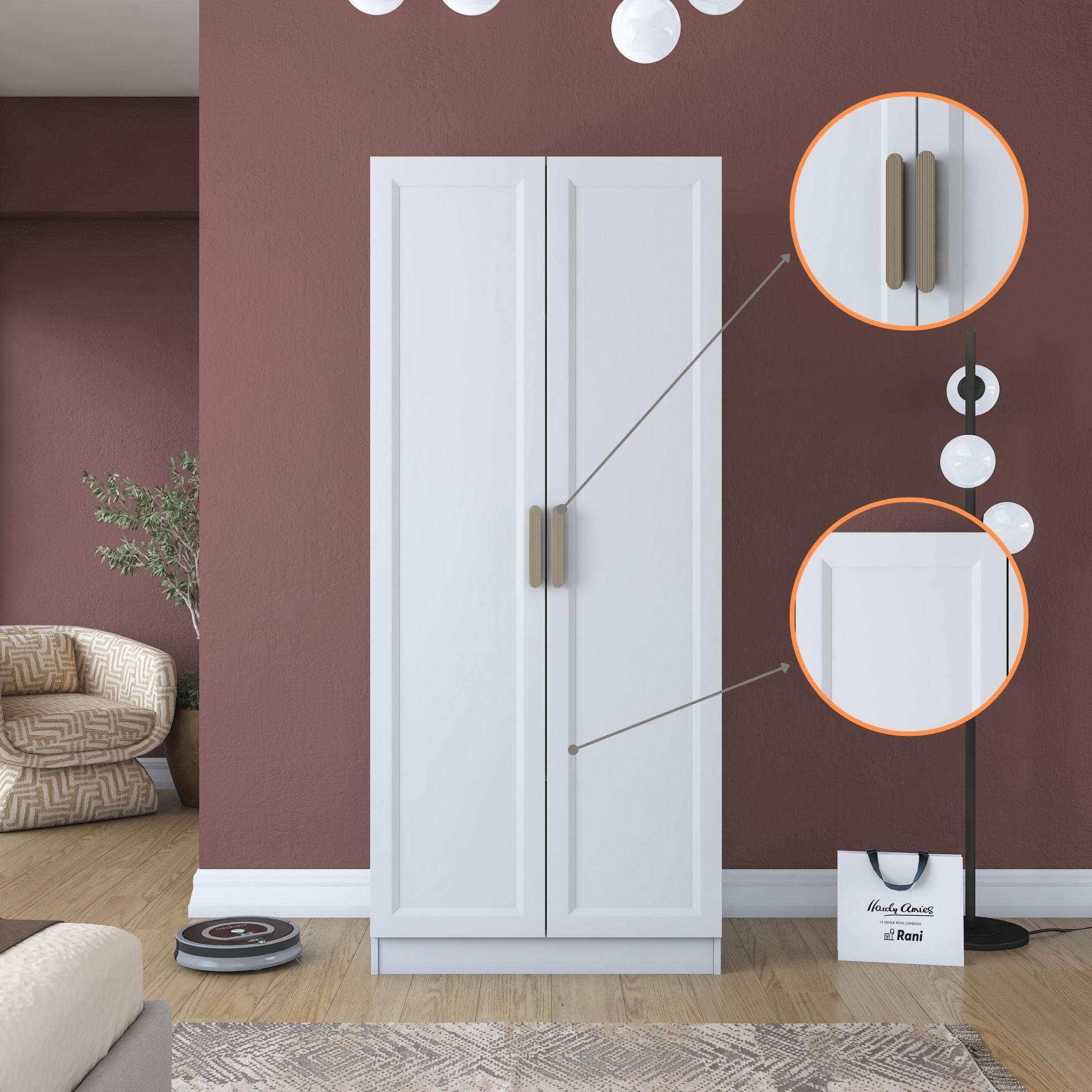 Rani BA203 Membran Kapaklı Gardırop 2 Raflı  Askılı 2 Kapaklı Elbise Dolabı Beyaz