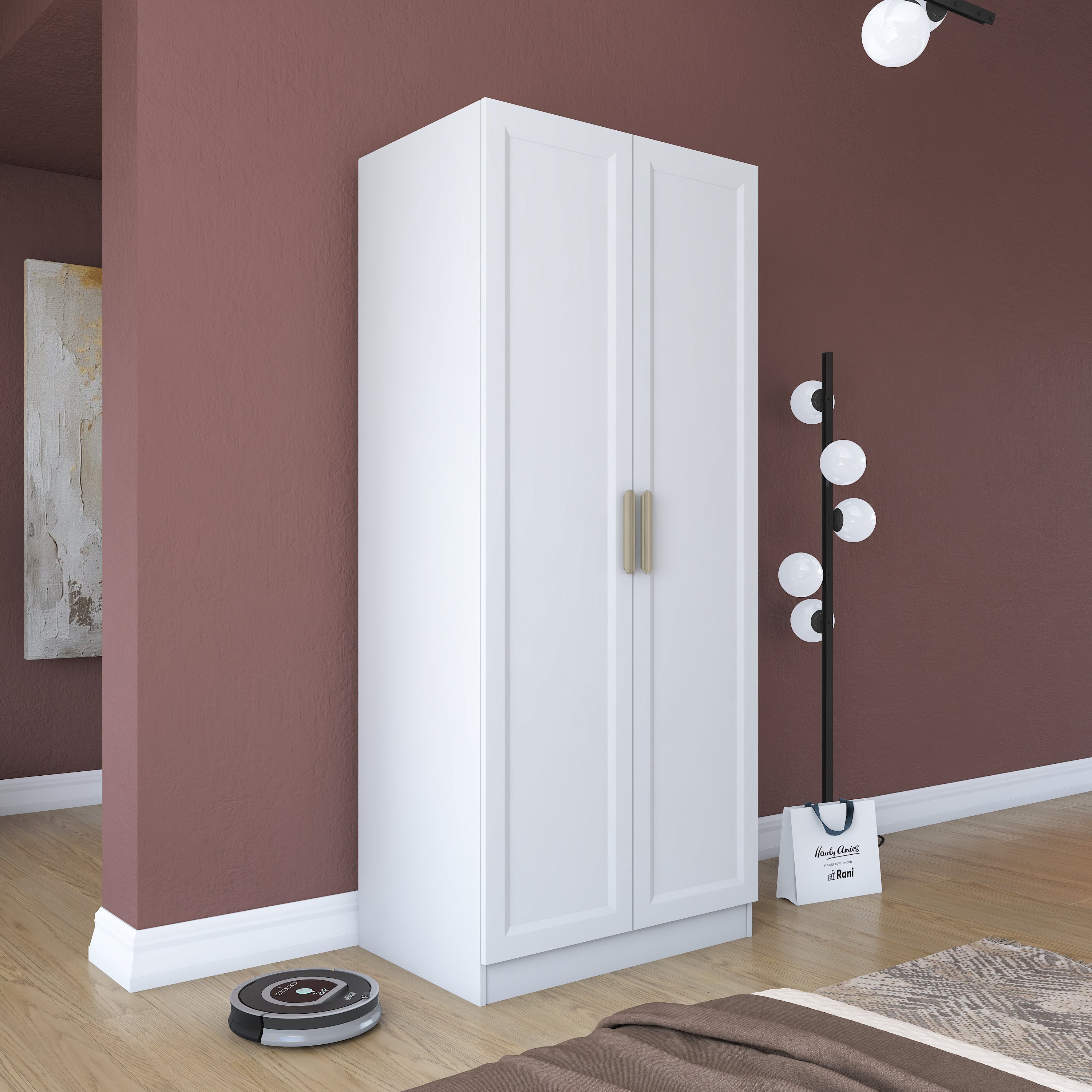 Rani BA203 Membran Kapaklı Gardırop 2 Raflı  Askılı 2 Kapaklı Elbise Dolabı Beyaz
