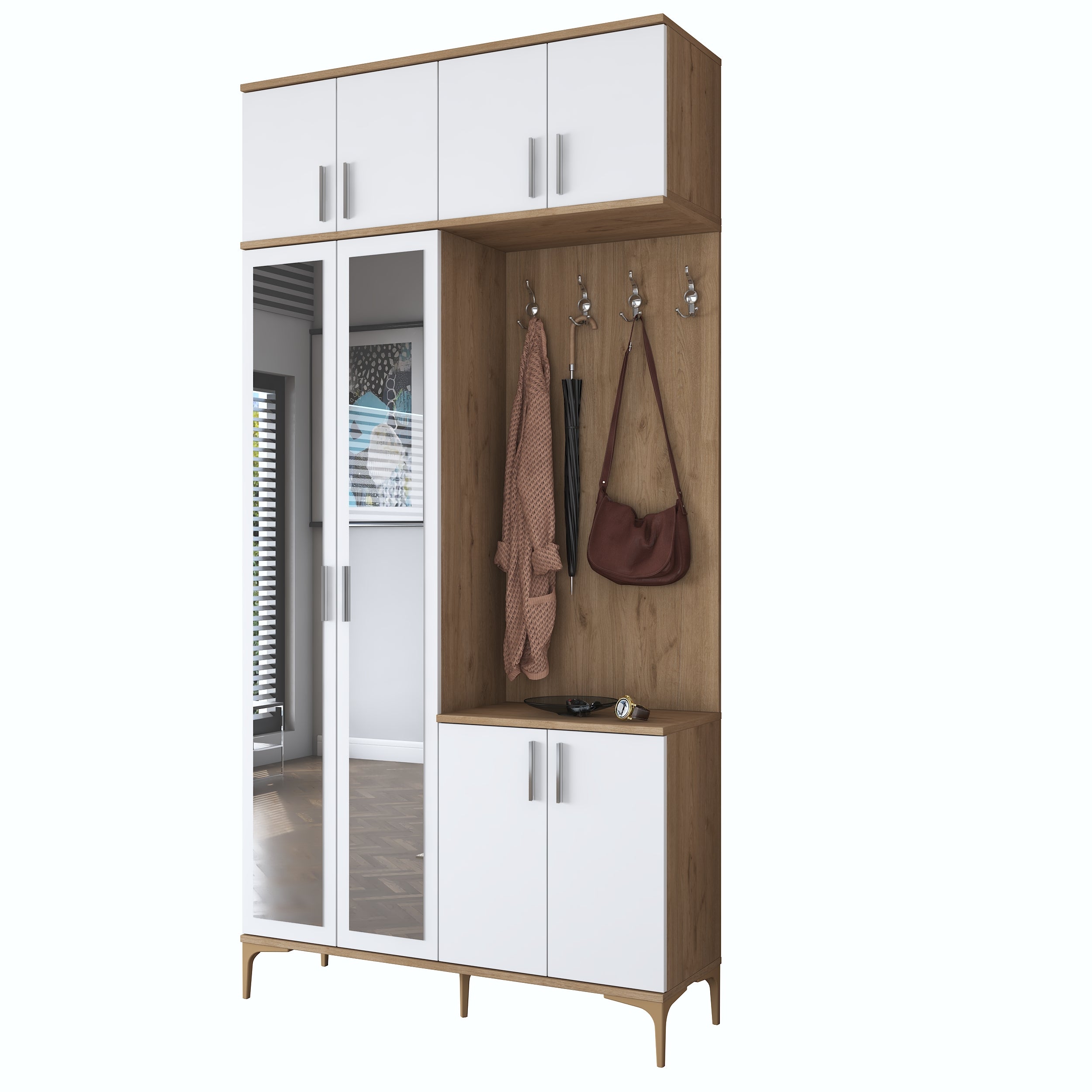 Rani EA153 Modern Portmanto 8 Kapaklı Aynalı Raflı Askılı Ayakkabılık Vestiyer Sepet Ceviz - Beyaz