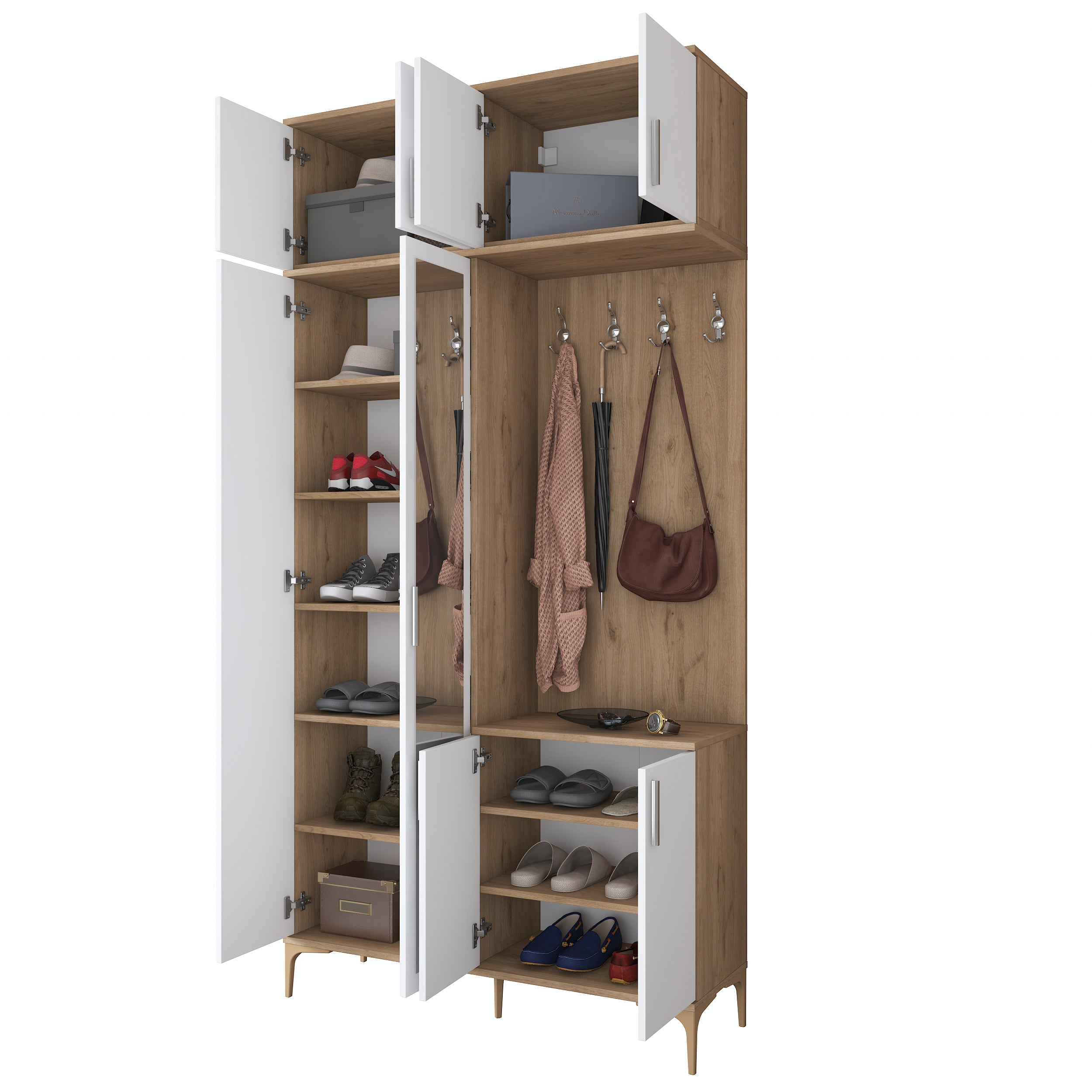 Rani EA153 Modern Portmanto 8 Kapaklı Aynalı Raflı Askılı Ayakkabılık Vestiyer Sepet Ceviz - Beyaz