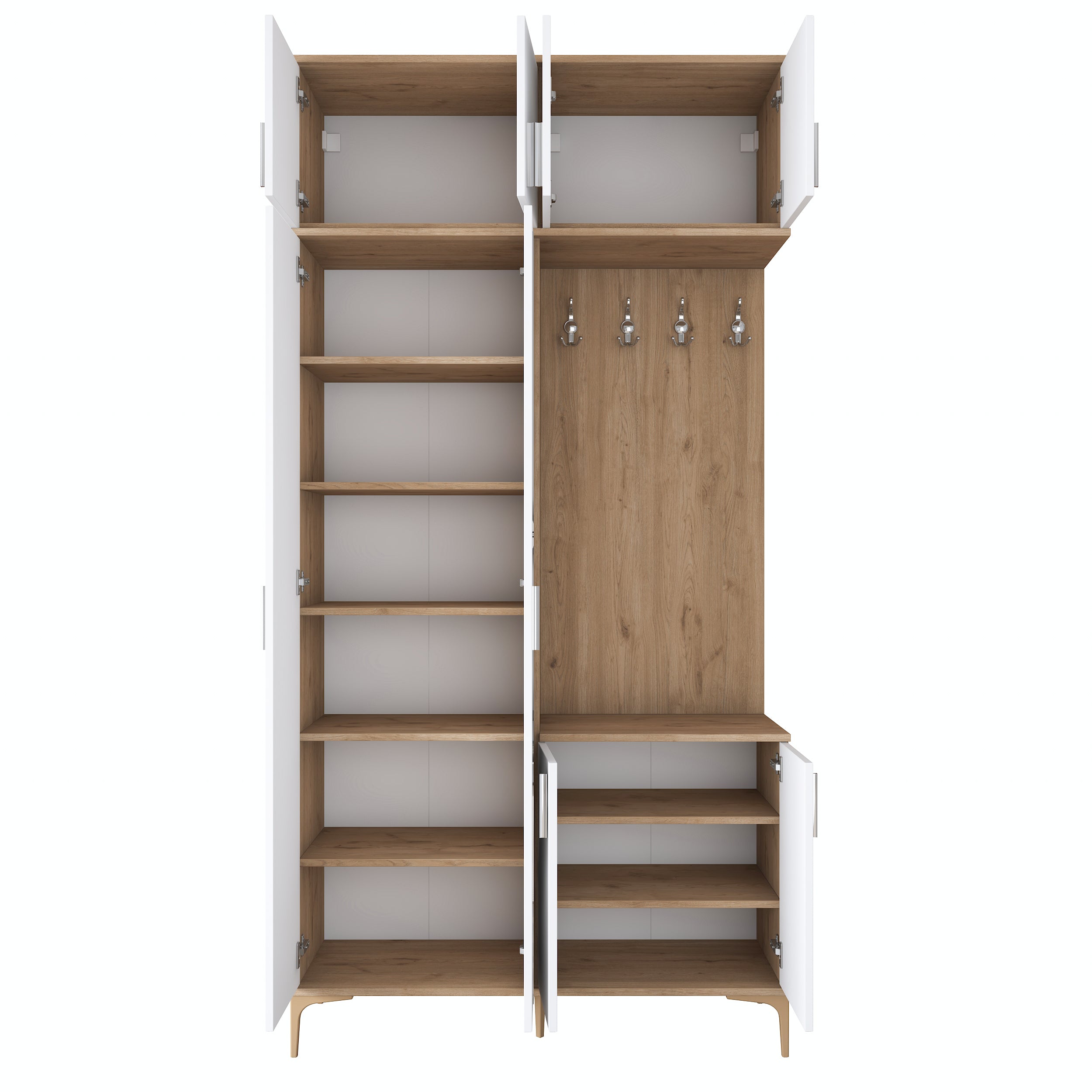 Rani EA153 Modern Portmanto 8 Kapaklı Aynalı Raflı Askılı Ayakkabılık Vestiyer Sepet Ceviz - Beyaz