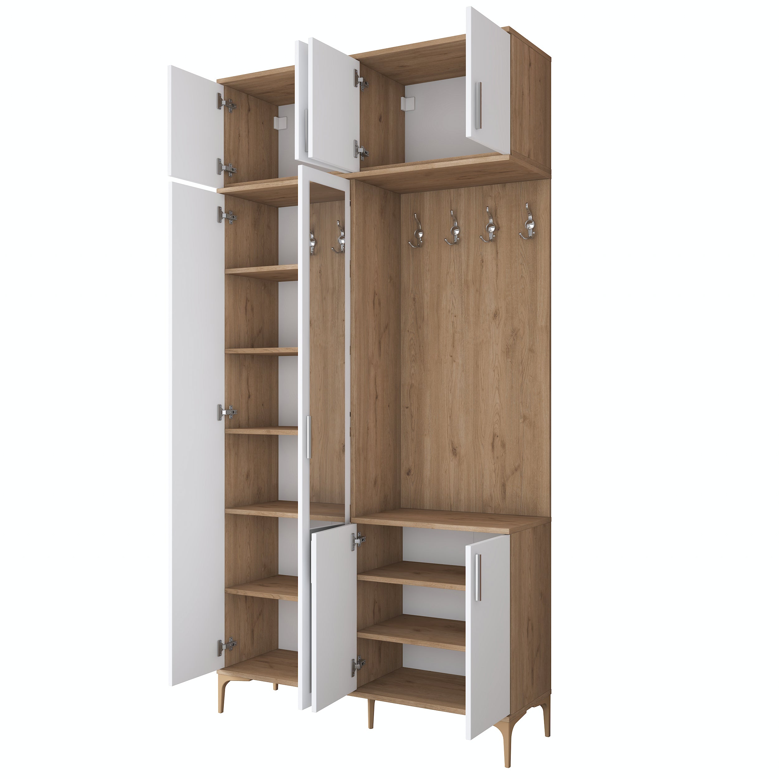 Rani EA153 Modern Portmanto 8 Kapaklı Aynalı Raflı Askılı Ayakkabılık Vestiyer Sepet Ceviz - Beyaz