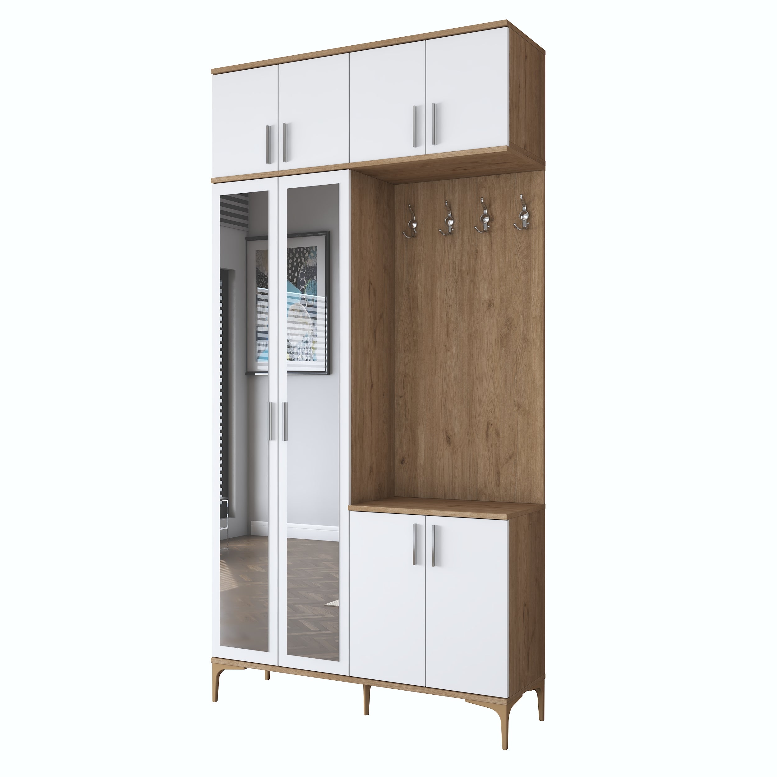 Rani EA153 Modern Portmanto 8 Kapaklı Aynalı Raflı Askılı Ayakkabılık Vestiyer Sepet Ceviz - Beyaz