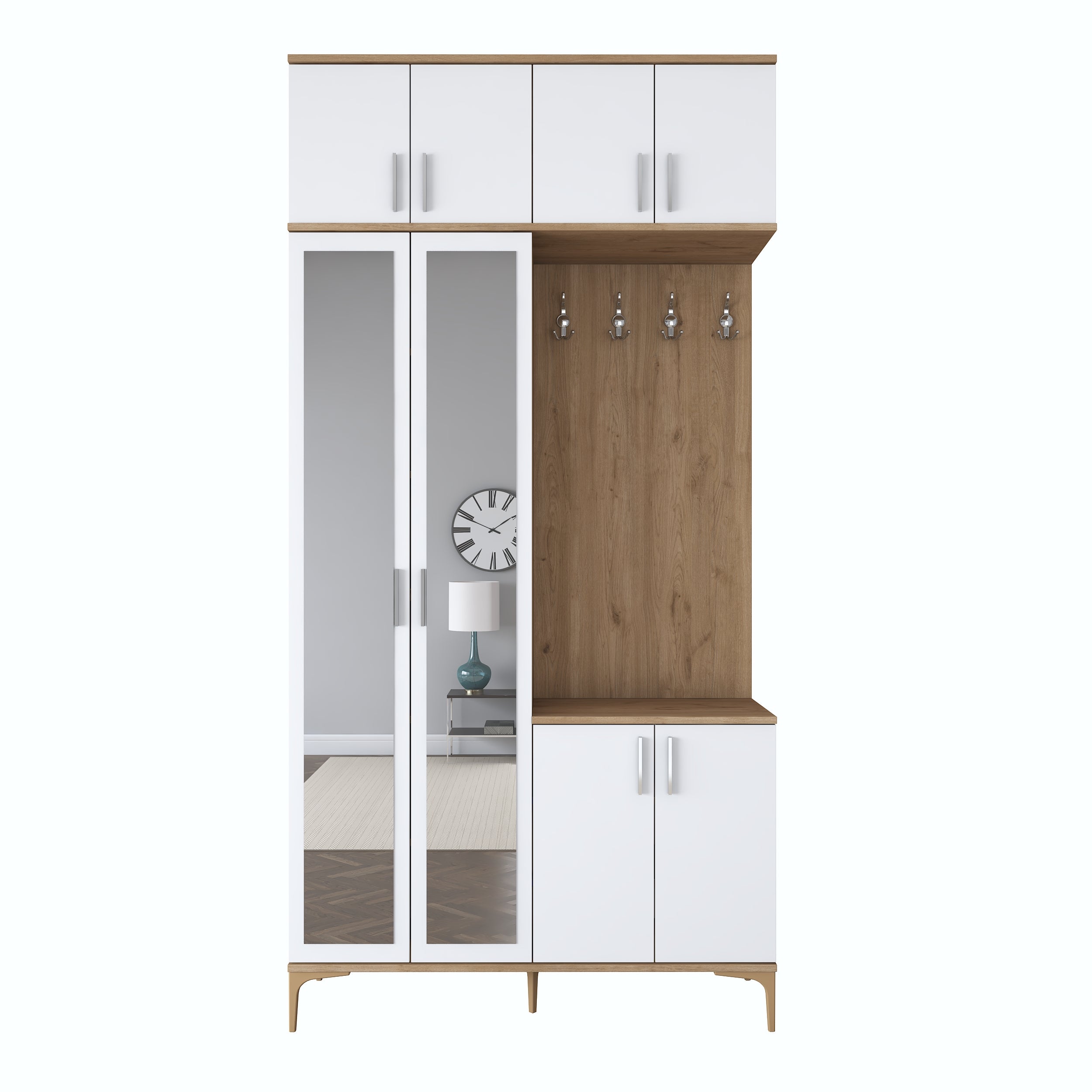 Rani EA153 Modern Portmanto 8 Kapaklı Aynalı Raflı Askılı Ayakkabılık Vestiyer Sepet Ceviz - Beyaz