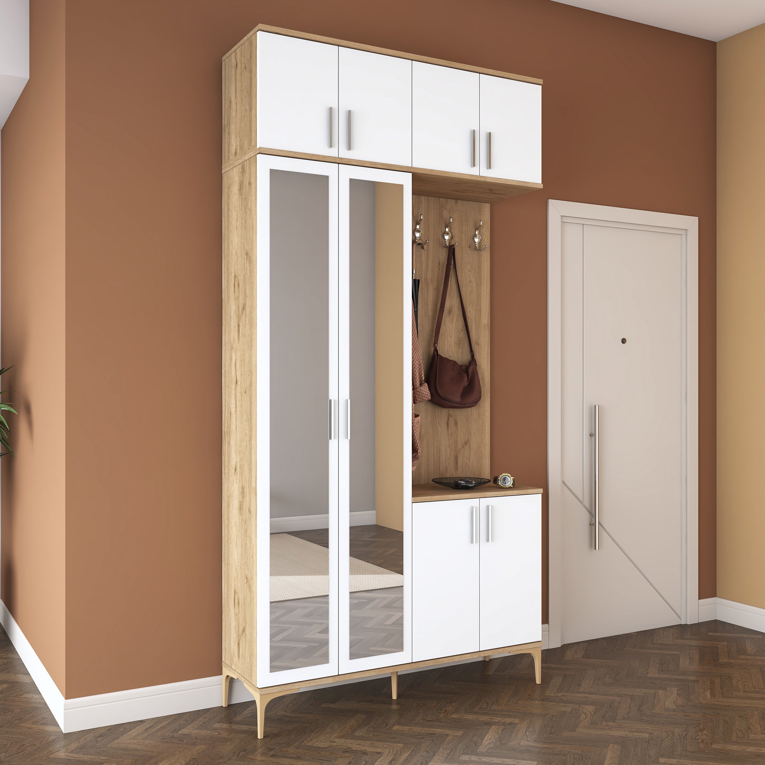 Rani EA153 Modern Portmanto 8 Kapaklı Aynalı Raflı Askılı Ayakkabılık Vestiyer Sepet Ceviz - Beyaz