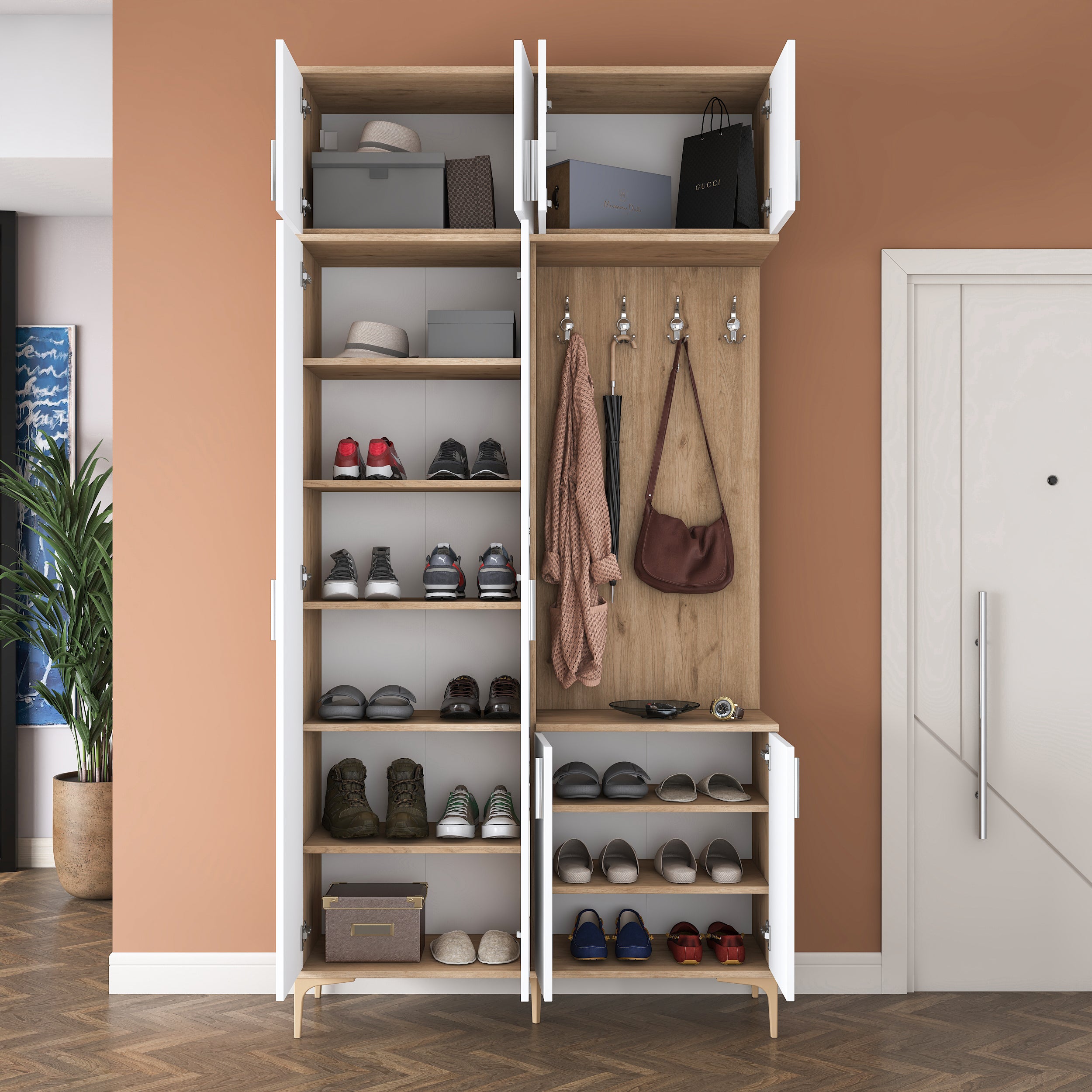 Rani EA153 Modern Portmanto 8 Kapaklı Aynalı Raflı Askılı Ayakkabılık Vestiyer Sepet Ceviz - Beyaz