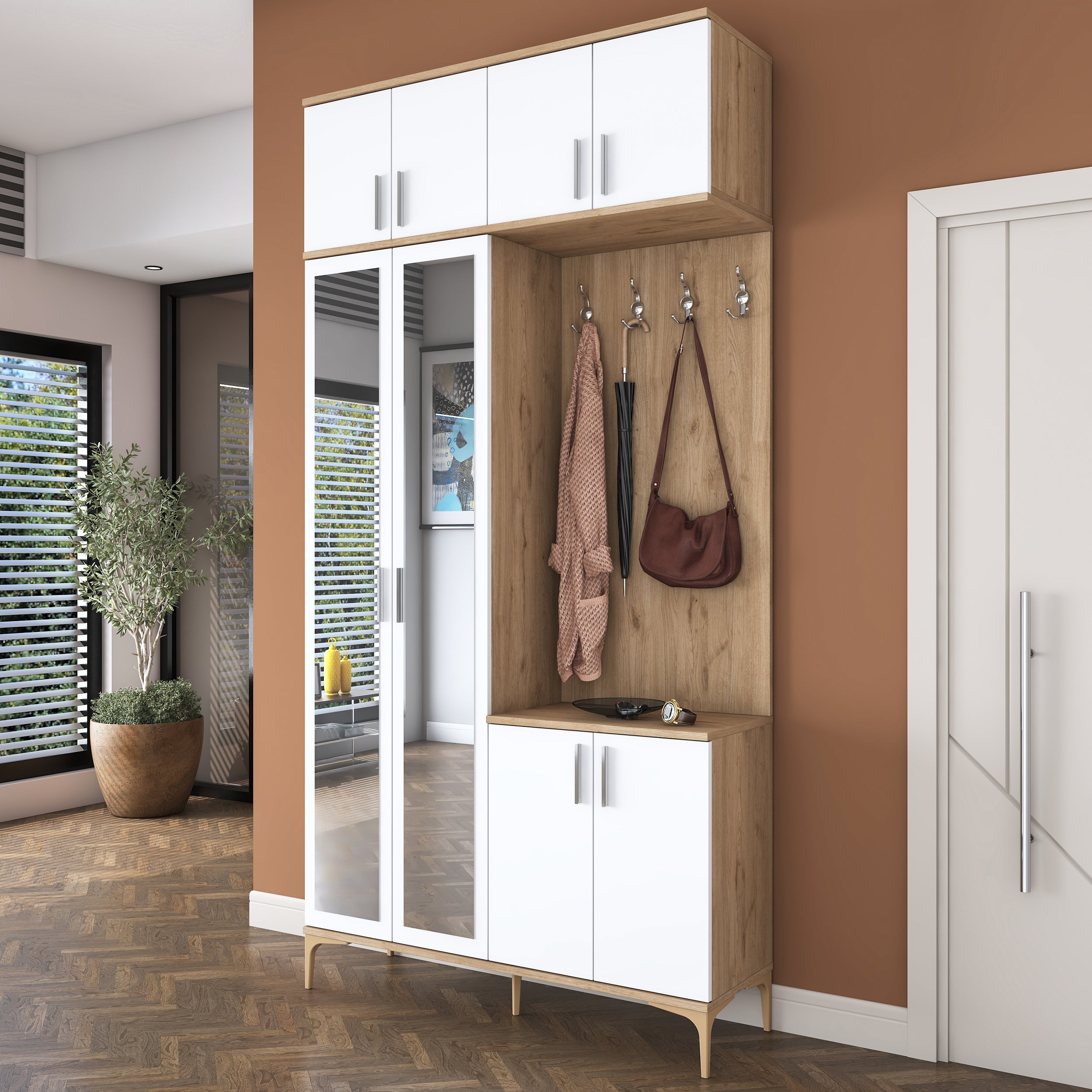 Rani EA153 Modern Portmanto 8 Kapaklı Aynalı Raflı Askılı Ayakkabılık Vestiyer Sepet Ceviz - Beyaz