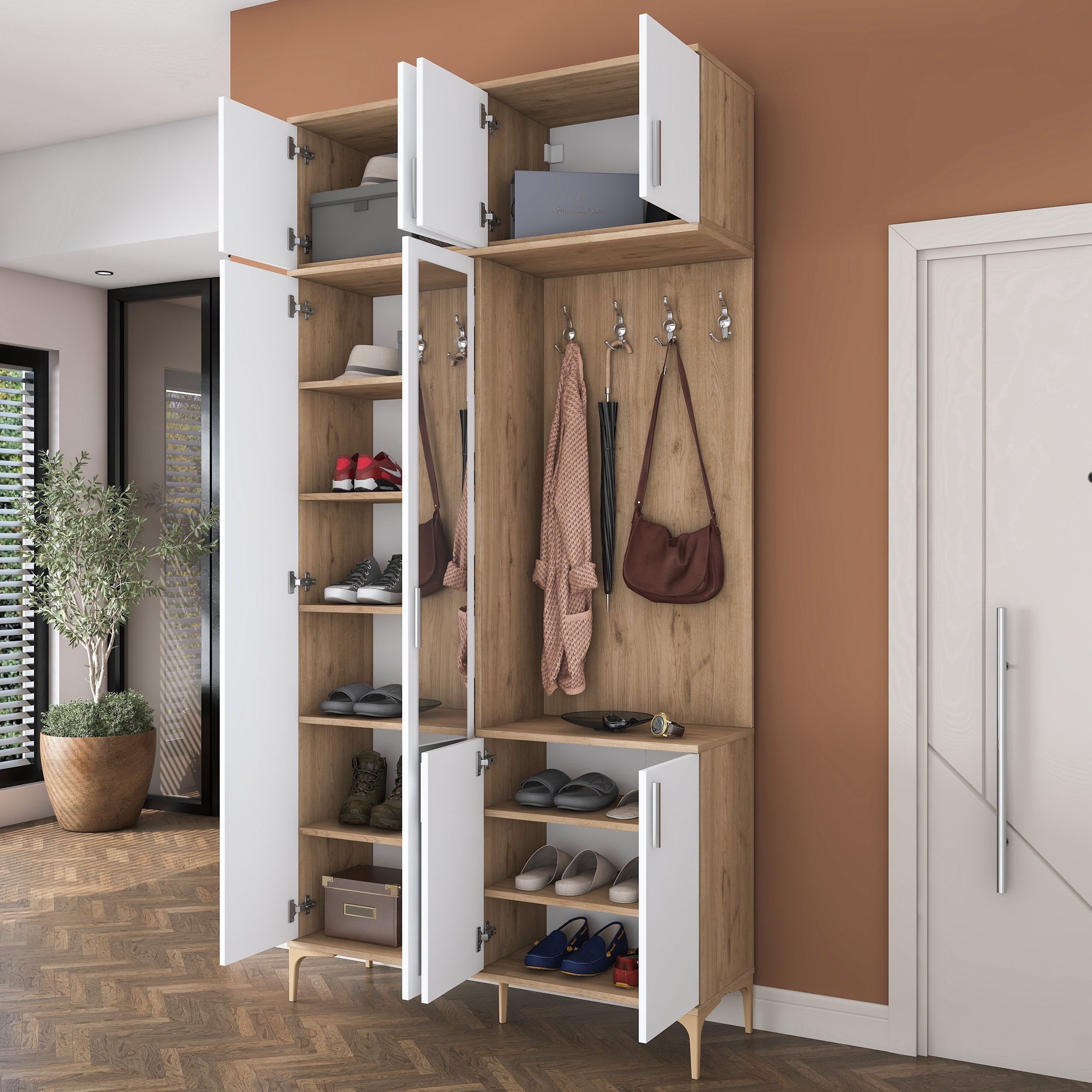 Rani EA153 Modern Portmanto 8 Kapaklı Aynalı Raflı Askılı Ayakkabılık Vestiyer Sepet Ceviz - Beyaz
