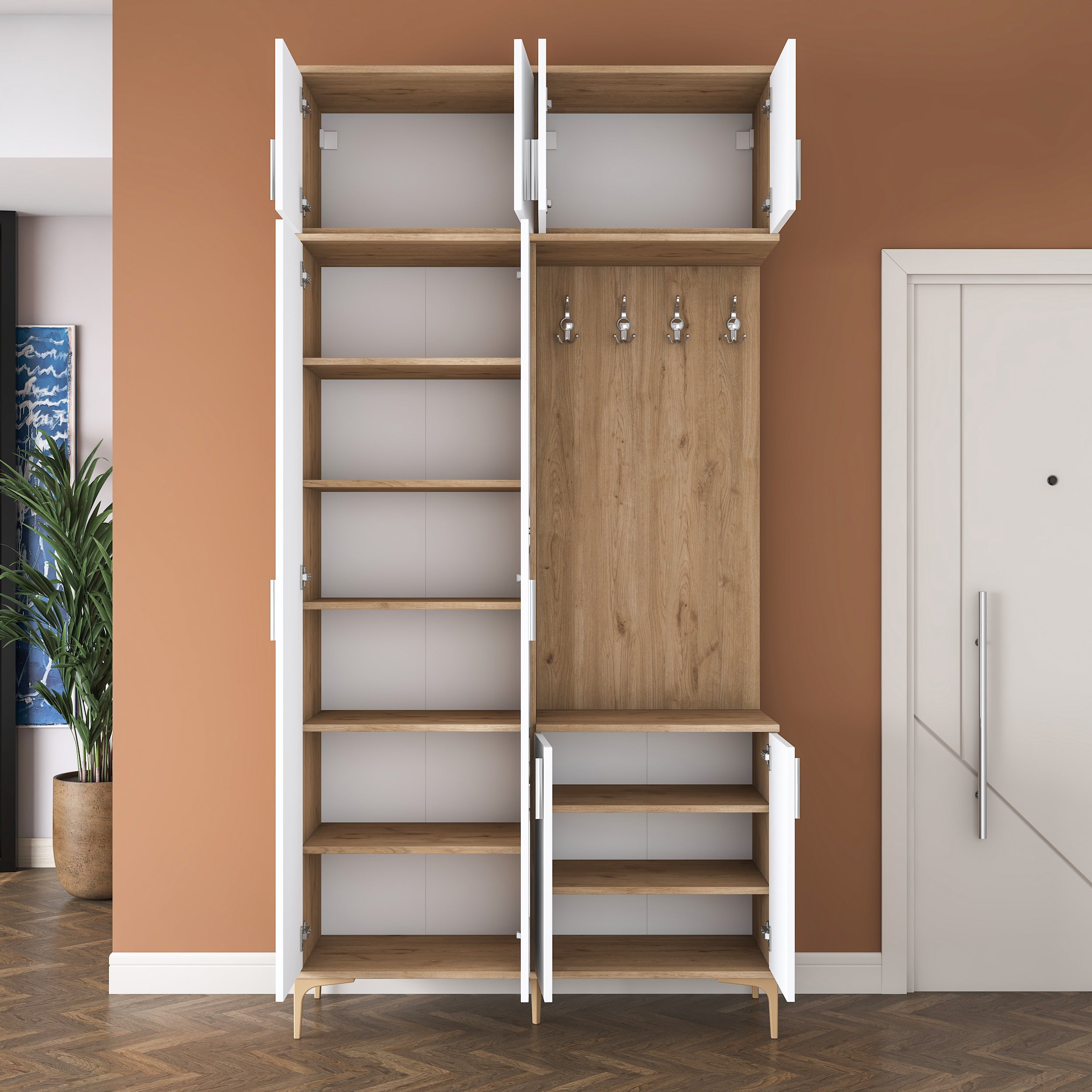 Rani EA153 Modern Portmanto 8 Kapaklı Aynalı Raflı Askılı Ayakkabılık Vestiyer Sepet Ceviz - Beyaz