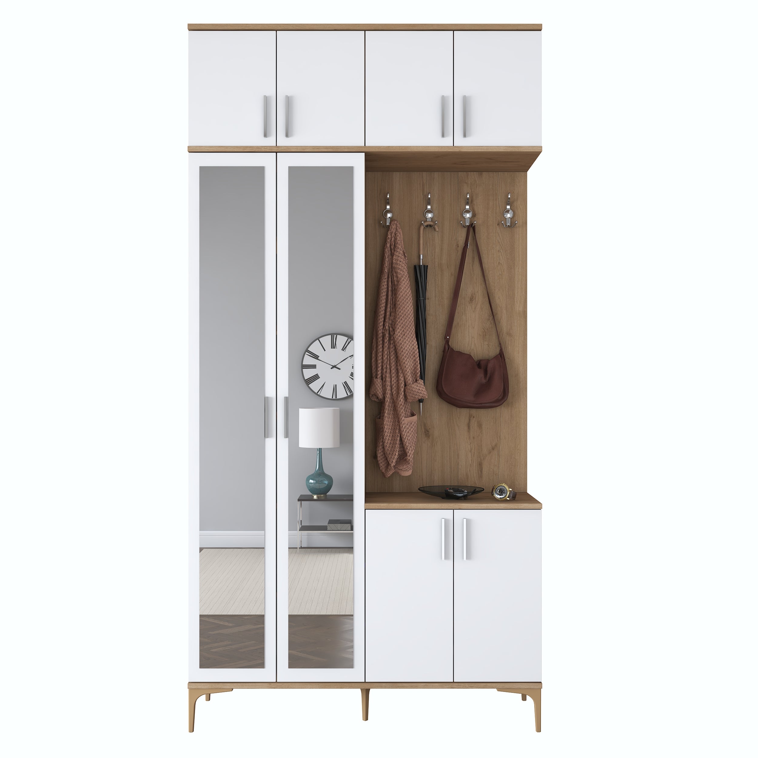 Rani EA153 Modern Portmanto 8 Kapaklı Aynalı Raflı Askılı Ayakkabılık Vestiyer Sepet Ceviz - Beyaz