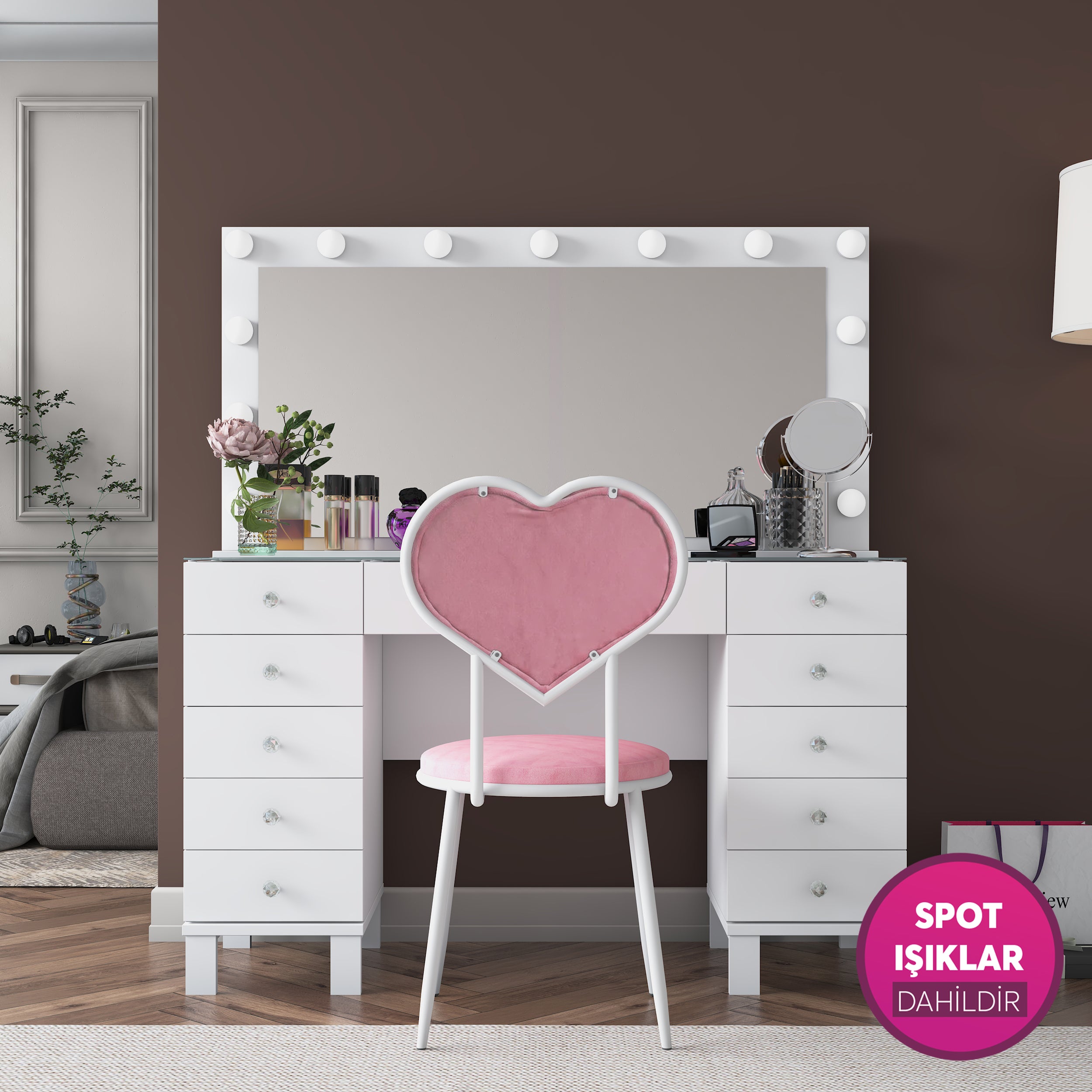 Rani BJ181 Hollywood Işıklı Aynalı Makyaj Masası Kalpli Sandalye Takım Beyaz