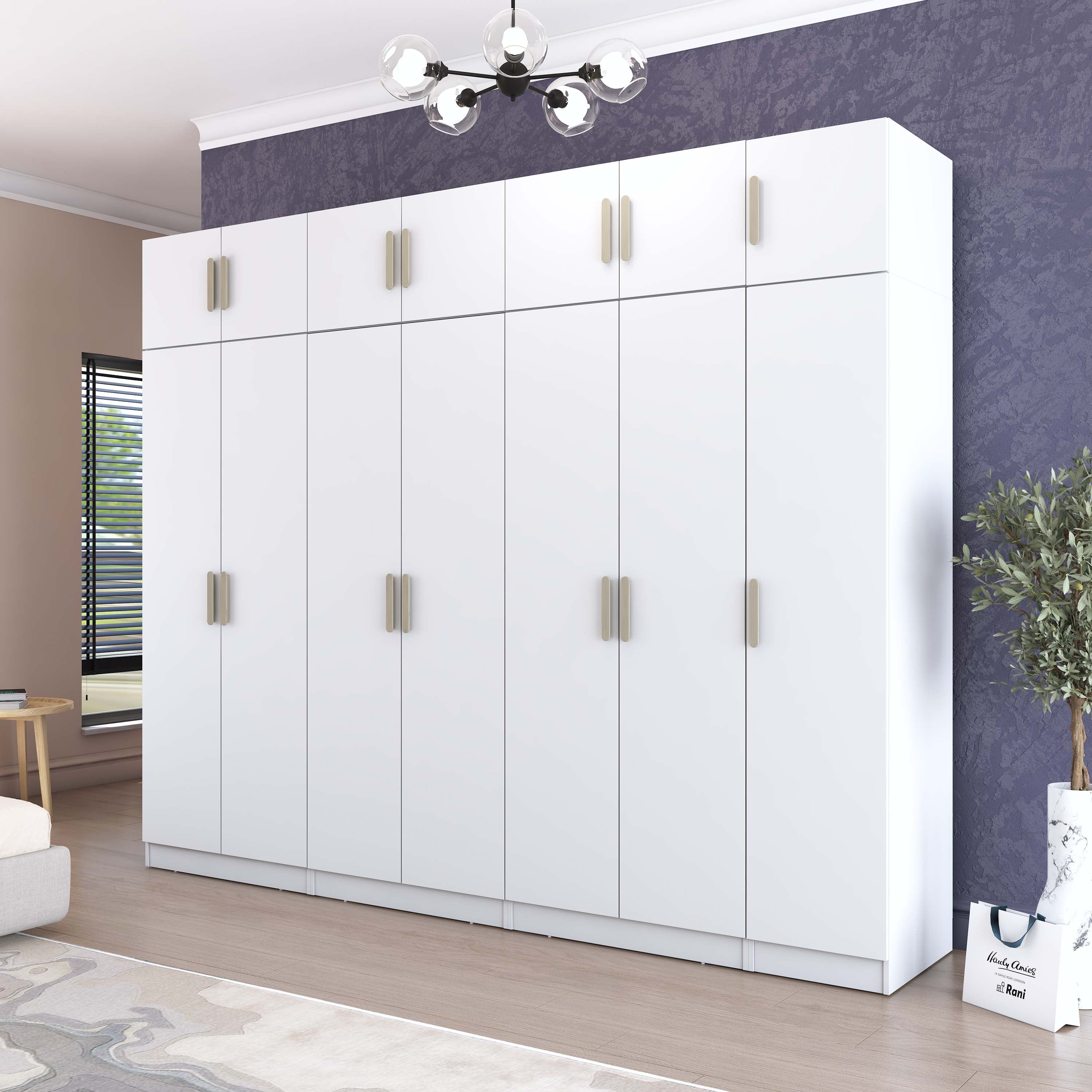 Rani BA215 Geniş Gardırop Elbise Dolabı 14 Kapaklı 12 Raflı 3 Askılı Modüler Dolap Beyaz
