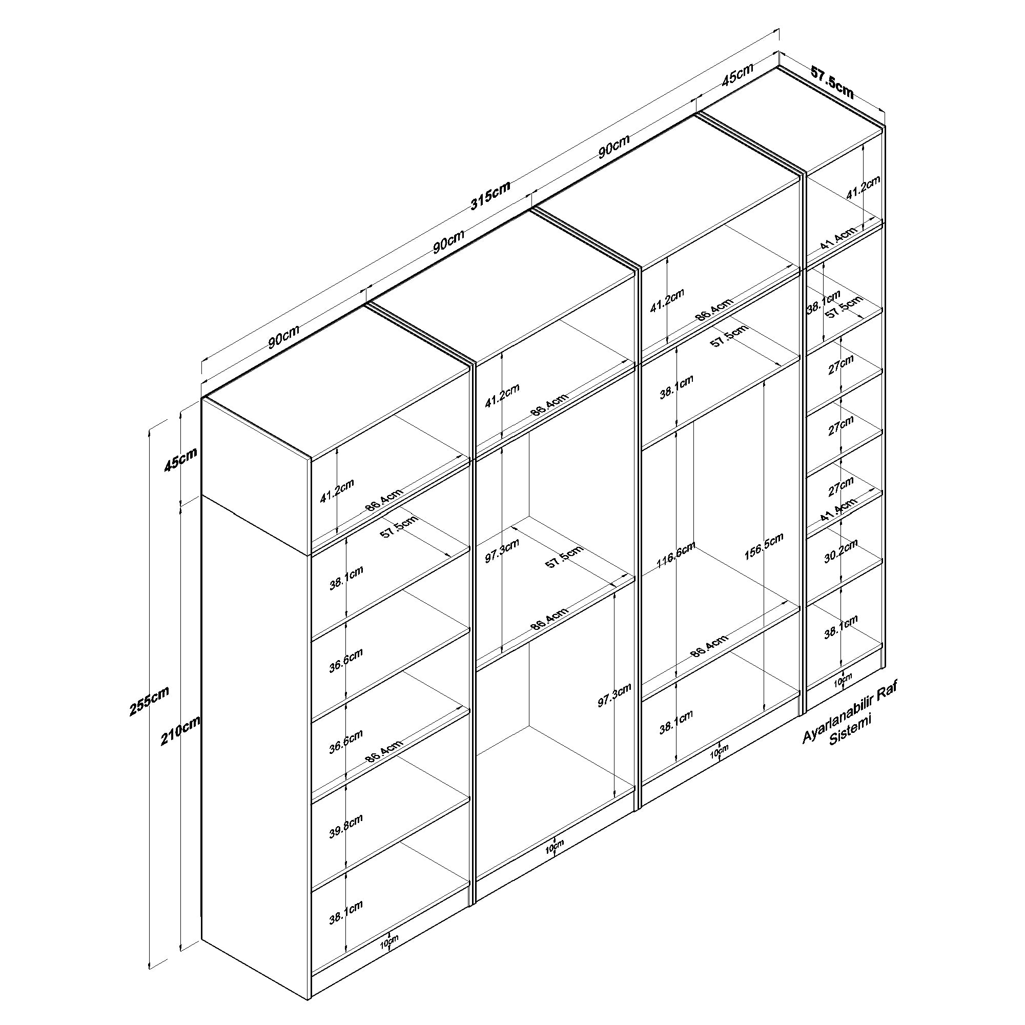 Rani BA215 Geniş Gardırop Elbise Dolabı 14 Kapaklı 12 Raflı 3 Askılı Modüler Dolap Beyaz