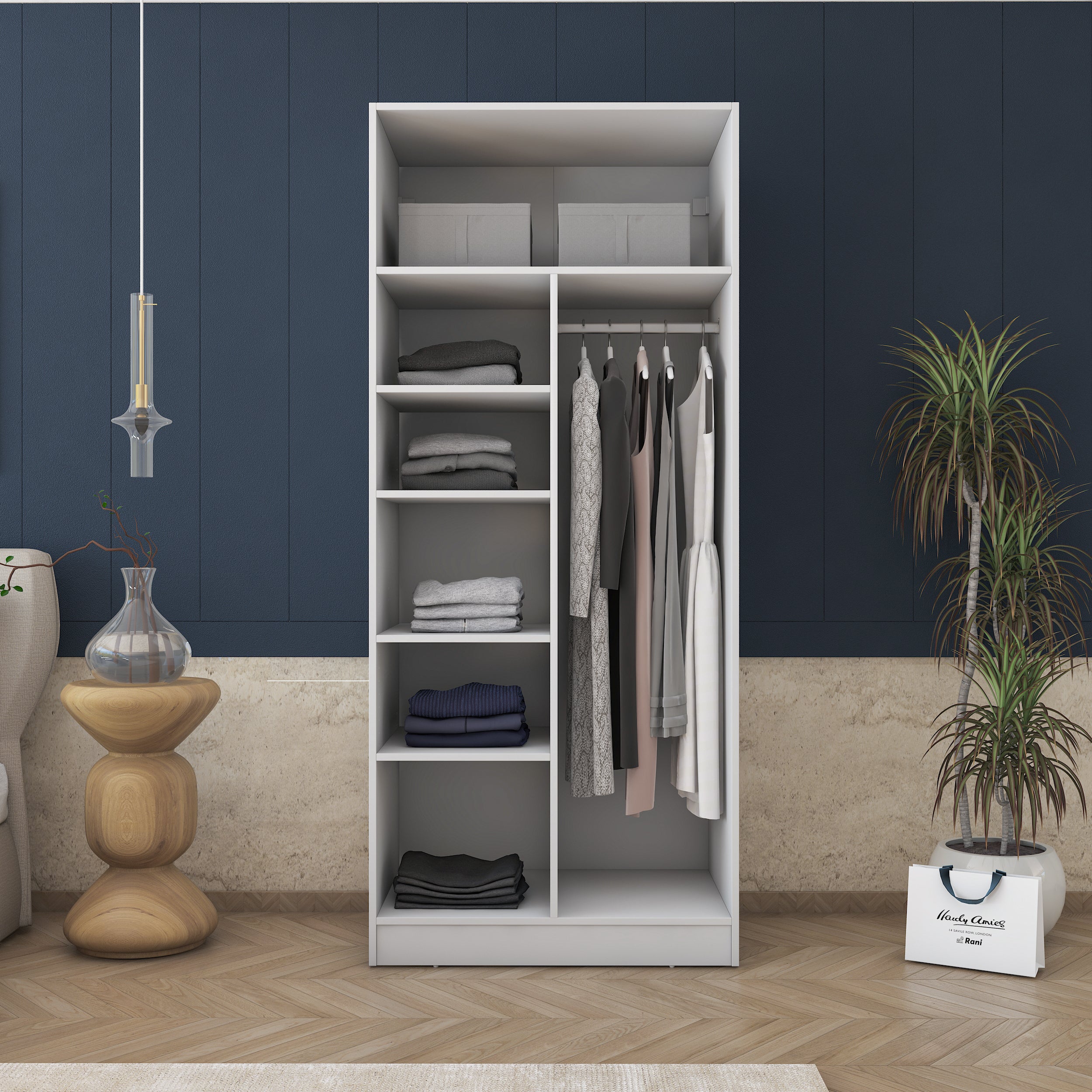 Rani BA170 Gardırop 2 Kapaklı 5 Raflı Askılı Elbise Dolabı Beyaz