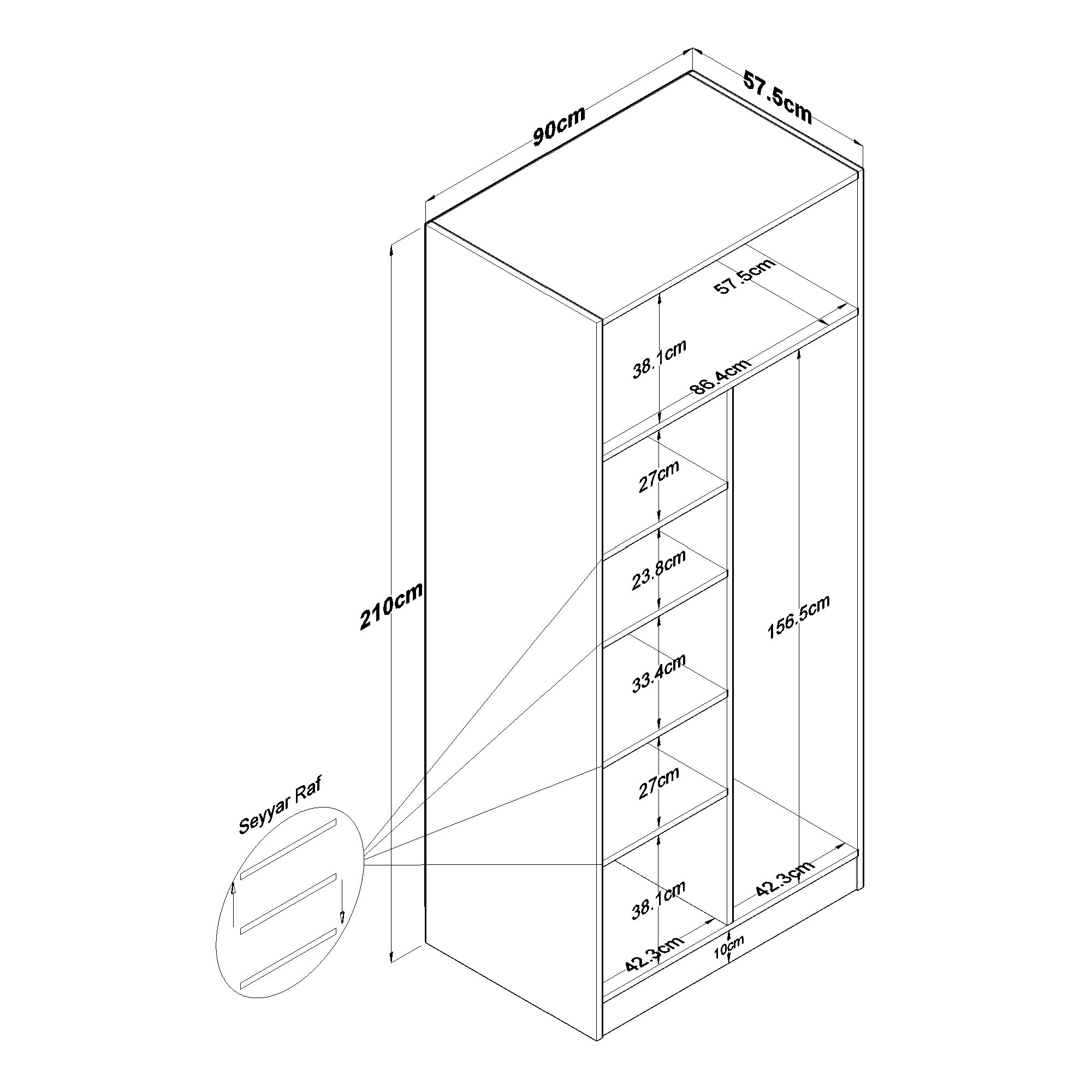 Rani BA170 Gardırop 2 Kapaklı 5 Raflı Askılı Elbise Dolabı Beyaz